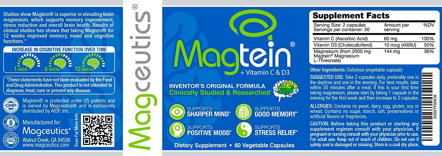 Magtein Magnesium L Threonate Bioavailable and 100 Water Soluble Magnesium Clear Brain Fog