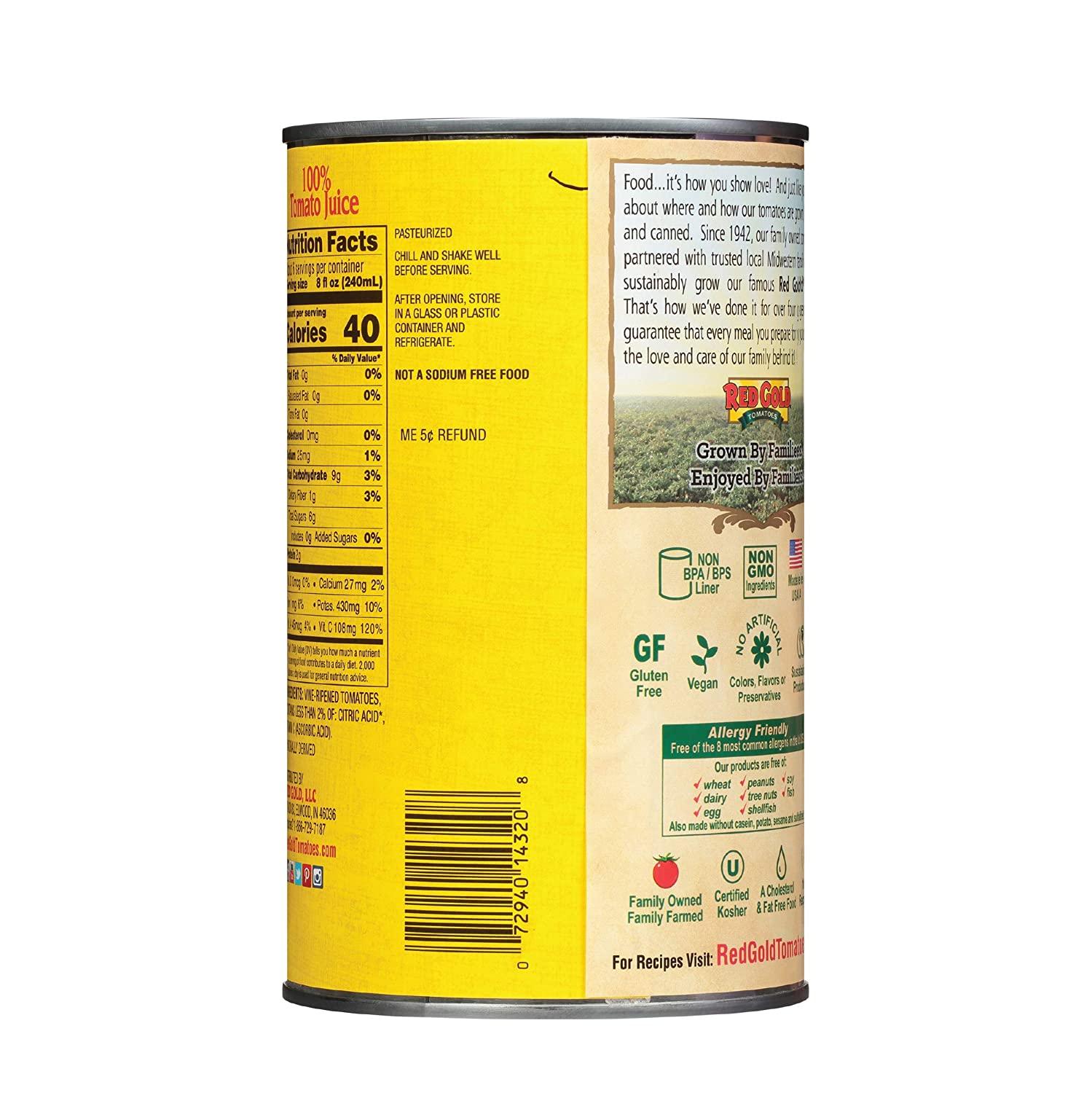 Red Gold Fresh Tomato Juice No Salt Added, Kosher, Gluten Free 46oz Can