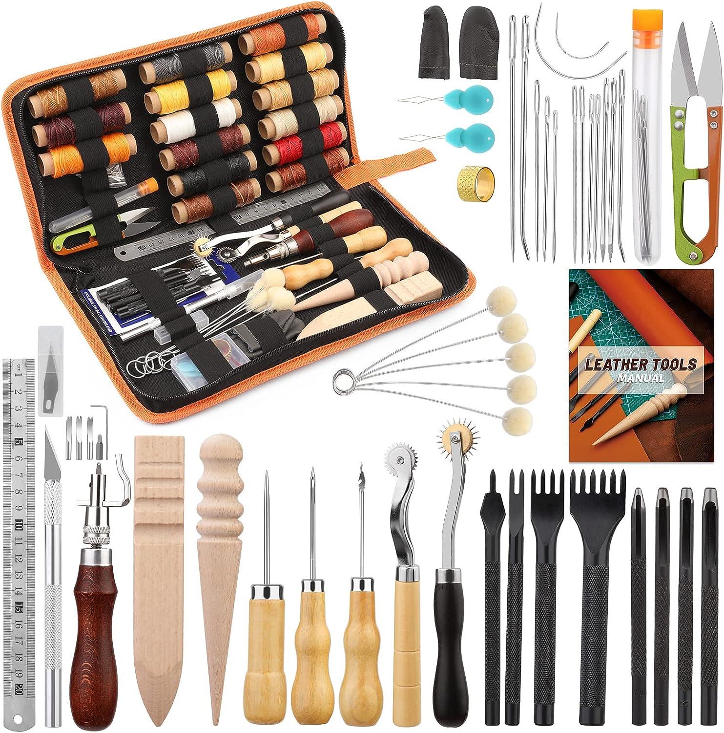 BUTUZE Leather Working Tools, Leather Tool Kit, Practical Leather Craft Kit  with Waxed Thread Groover Awl Stitching Punch Hole for Leathercraft Beginner  or Adults Gifts - Comes with Tool Manual