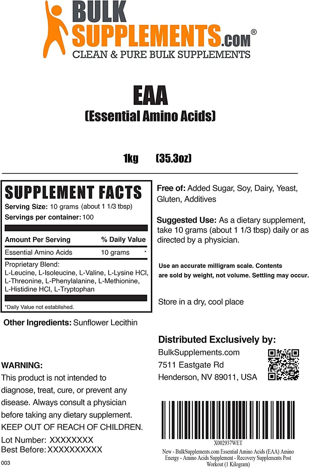 BulkSupplements.com Essential Amino Acids Powder (EAA) - EAAs Amino Acids  Powder - Amino Acids Supplement - Amino Acid Nutritional Supplements - BCAA  Powder - BCAA Supplements (1 Kilogram - 2.2 lbs) 2.2 Pound (Pack of 1)