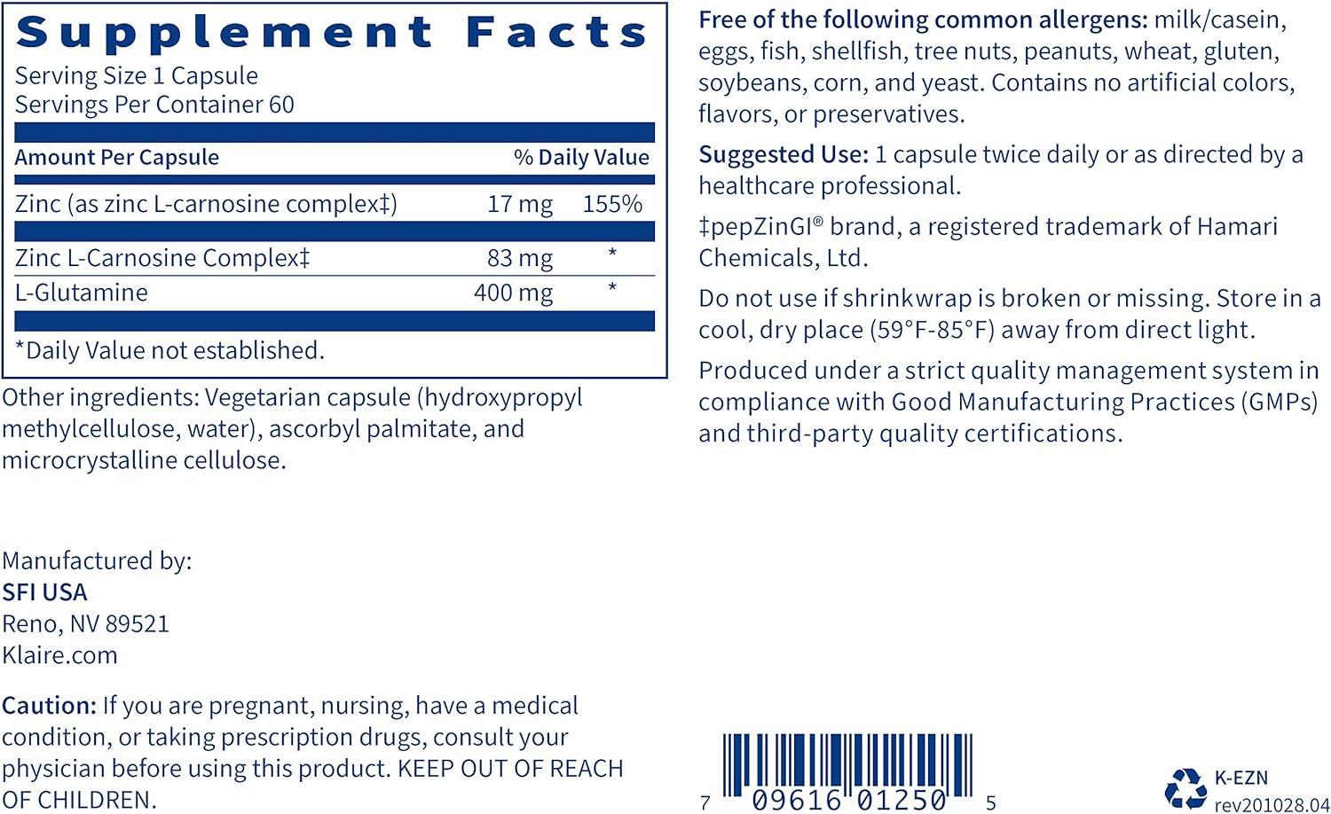 Klaire Labs Endozin Zinc Carnosine Complex with LGlutamine to Support Intestinal Barrier