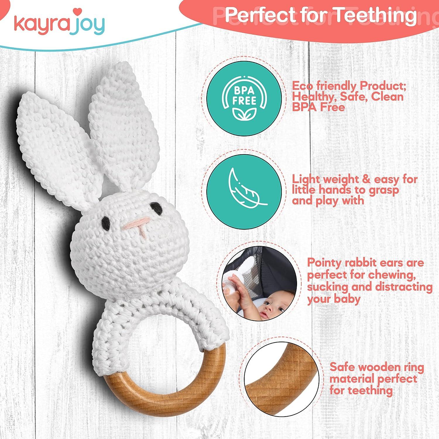 Crochet Bunny Rattle with Diaper Bag Clip - Wooden Teether Baby Rattle for  Baby Girls and Boys - Natural Cotton with Wooden Teething Ring