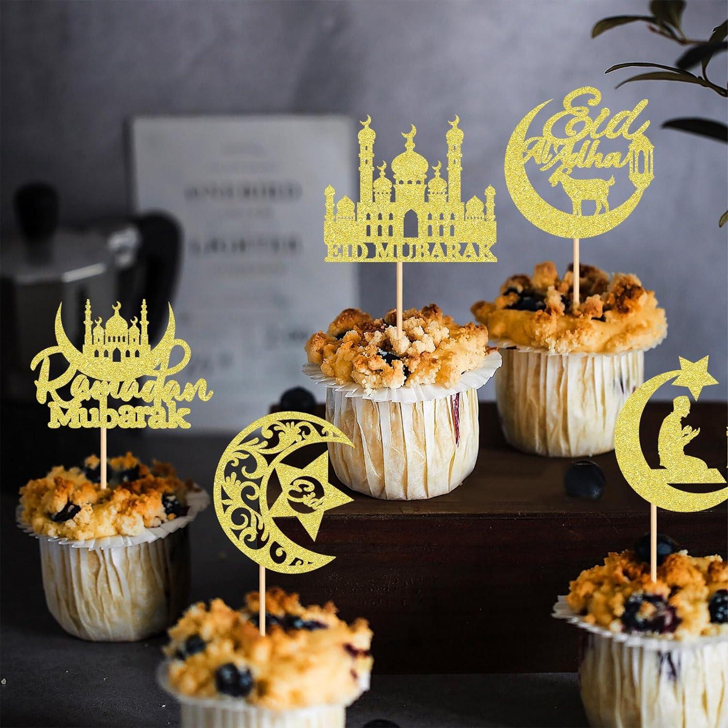 Gyufise 24 Decorazioni Per Cupcake Eid Mubarak, Tema Luna E Stella Con Glitter Oro, Perfette Per Ramadan E Feste Musulmane