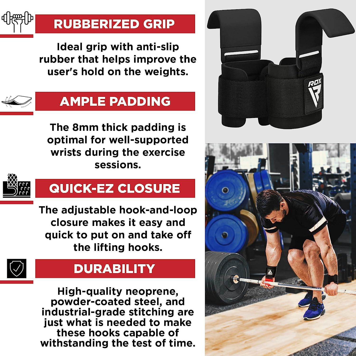 RDX Weight Lifting Hooks Straps Pair, Non-Slip Rubber Coated Grip, 7mm  Neoprene Padded Wrist Wrap Support Powerlifting Deadlift Pull Up Fitness Strength  Training, Gym Bodybuilding Workout, Men Women Black