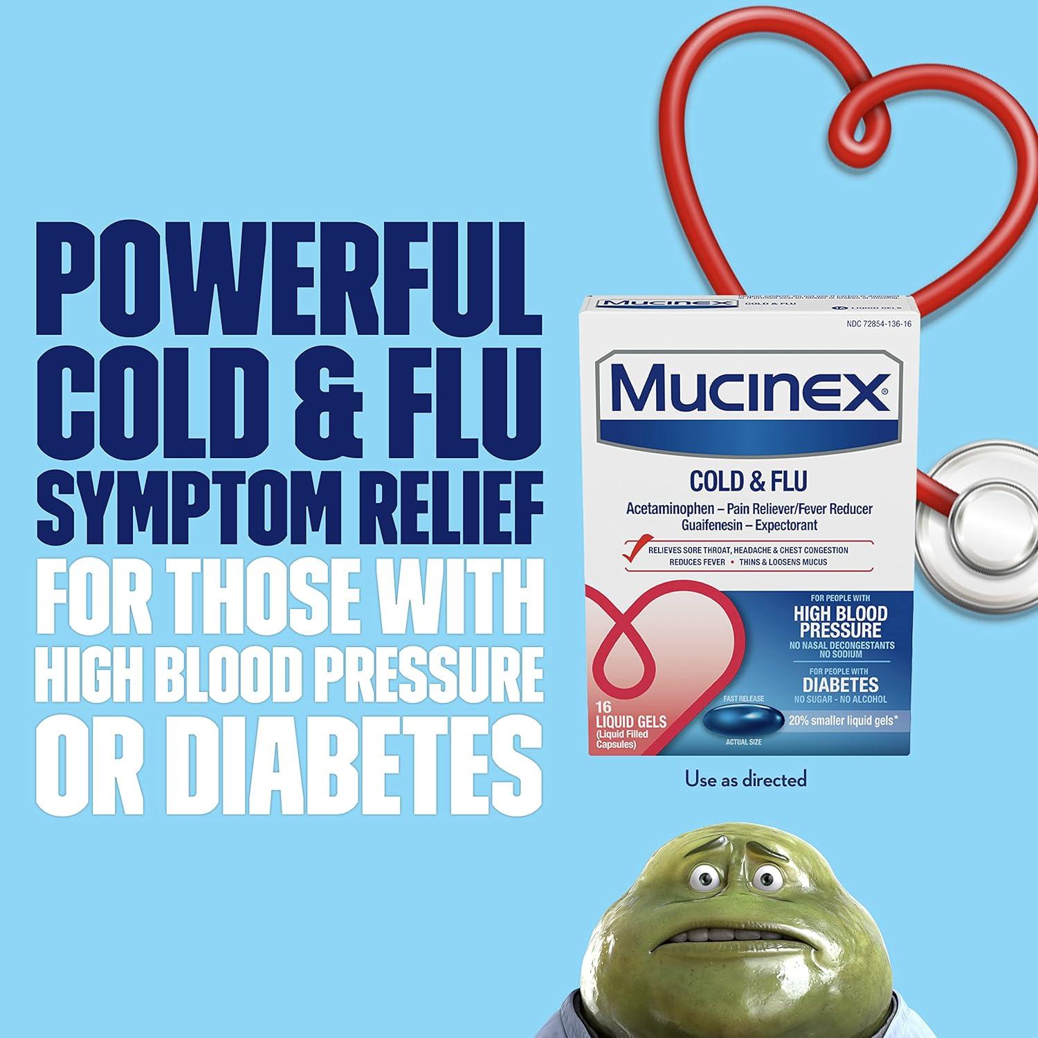 Mucinex Cold Flu High Blood Pressure Liquid Gels 16 ct Fast Relief