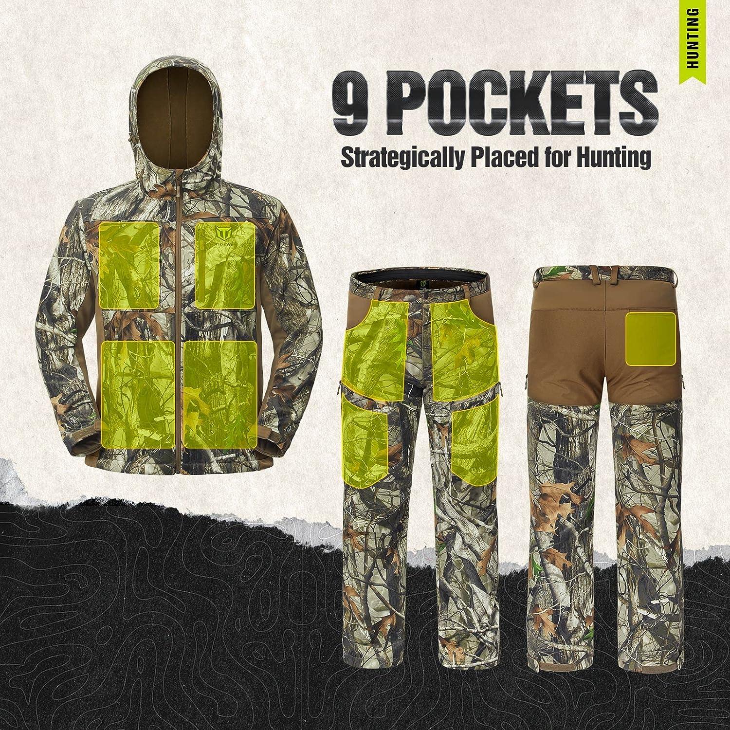 TIDEWE Hunting Clothes for Men with Fleece Lining, Safety Strap Compatible  Water Resistant Silent Hunting Jacket and Pants Next Camo G2 Medium