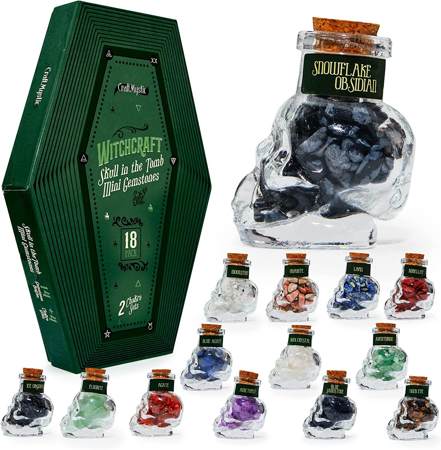 Skull Spells Jars Crystal Set with Crystal Grids - Witchy Gifts for ...