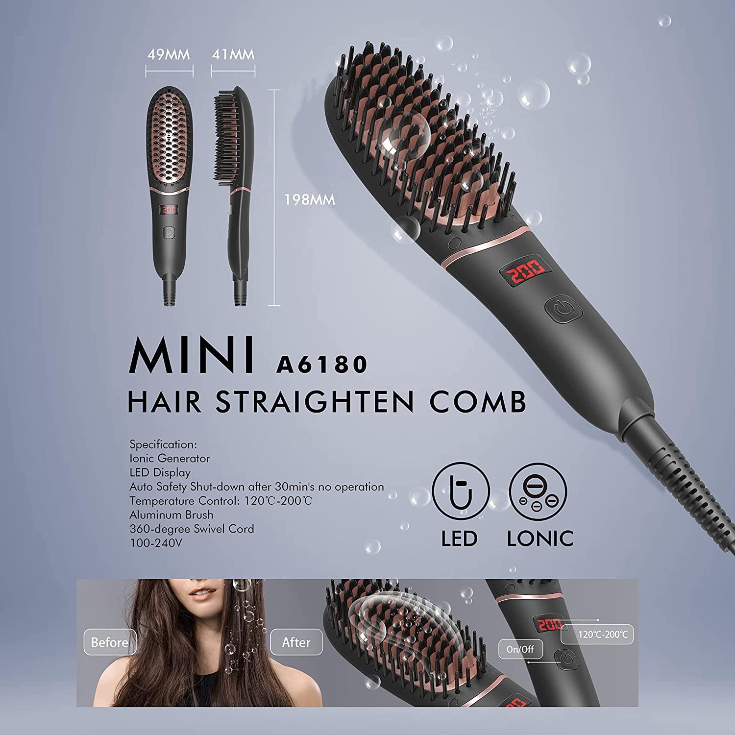 Hair Straightener Comb Ionic Electric Brush Hair Straightener Hot Beard  Brush Straightener (Black)