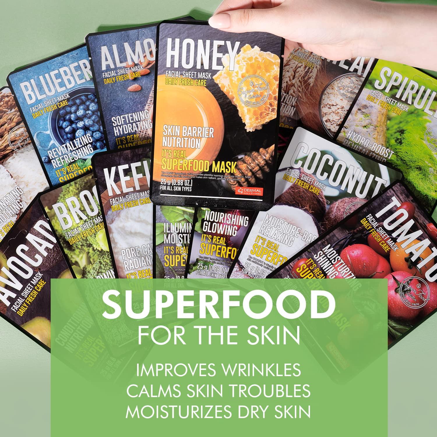 DERMAL Super Food Face Masks Skincare 14 Pack Facial Sheet Mask for a
