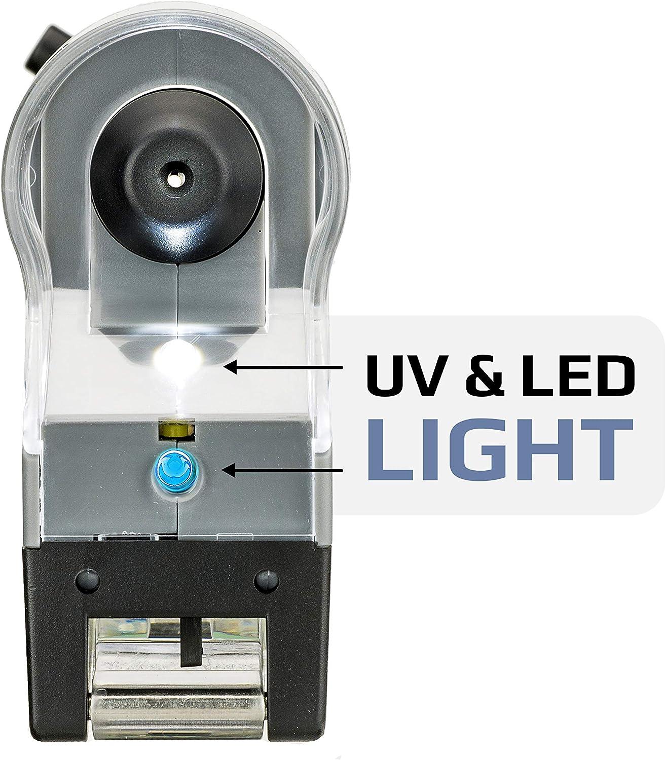 Carson MicroFlip 100x-250x LED, UV Lighted Pocket Microscope, Flip Down  Slide Base, Smartphone Digiscoping Clip – TheRealOptics