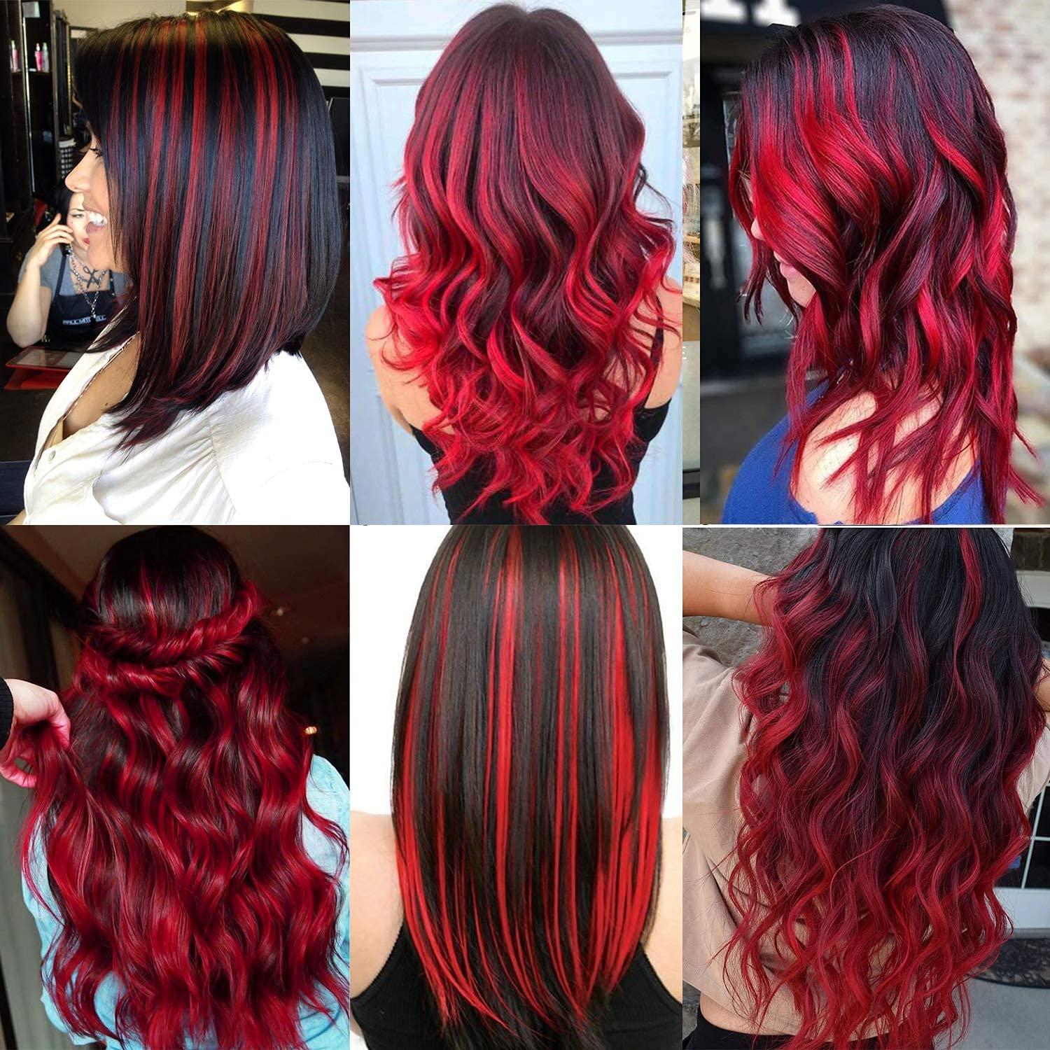 TOFAFA 22 inch Colored Hair Extensions straight Hairpiece Multi-colors  Party Highlights Clip in Synthetic Hair Extensions (10 PCS Red) 10 PCS-Red