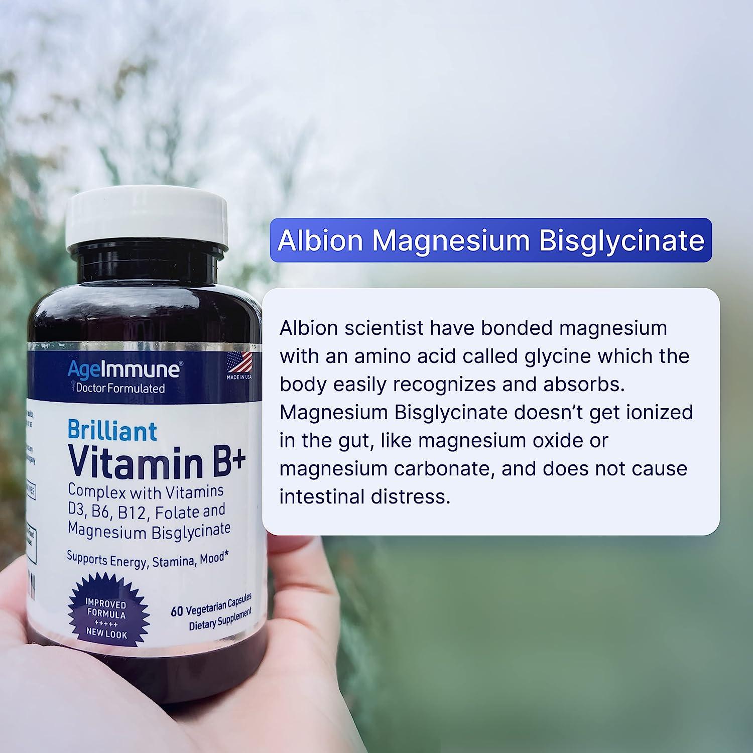 Vitamin B Complex with Vitamins B6 20mg D3 1000IU Albion Magnesium