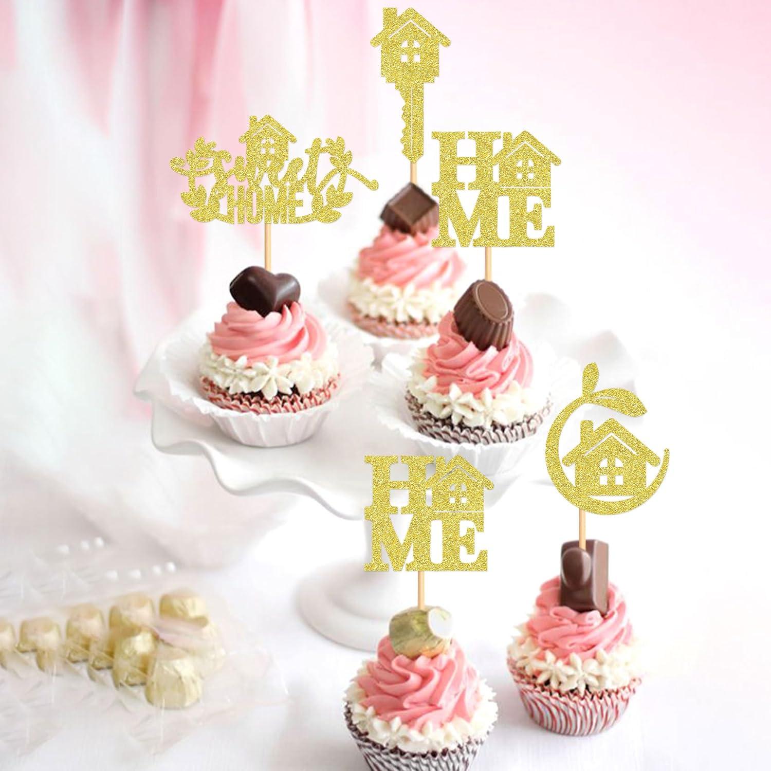 24-Pack Sweet Home Cupcake Toppers - Gold Glitter Housewarming Party Decorations For Cakes & Desserts