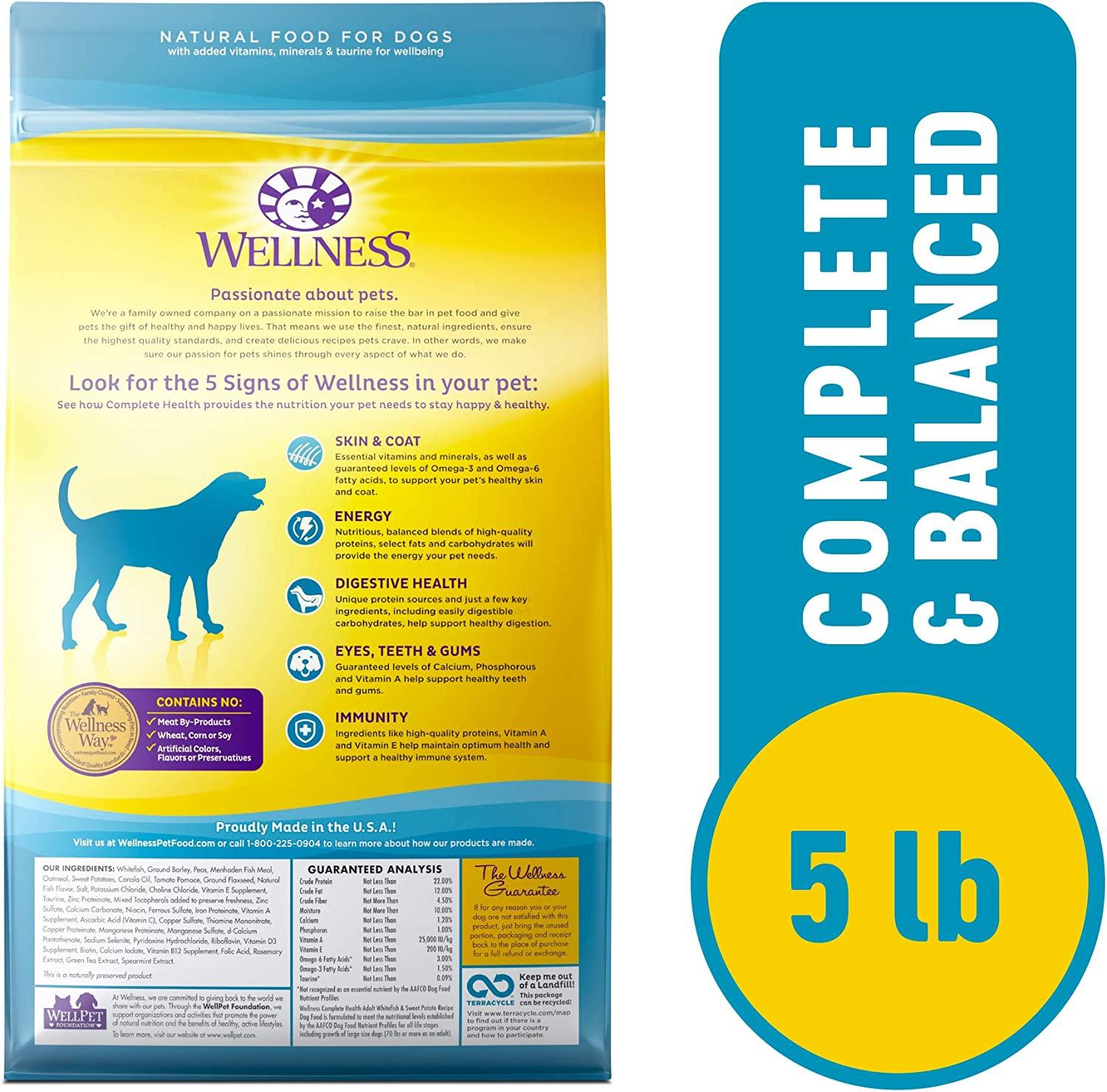 Wellness Natural Pet Food Complete Health Natural Dry Dog Food, Whitefish &  Sweet Potato, 5-Pound Bag 5 lbs. Whitefish & Sweet Potato