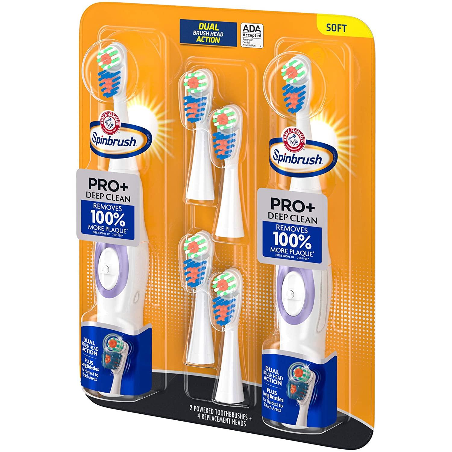 ARM & HAMMER Spinbrush PRO Clean Soft Family Pack 2 Brushes Plus 4
