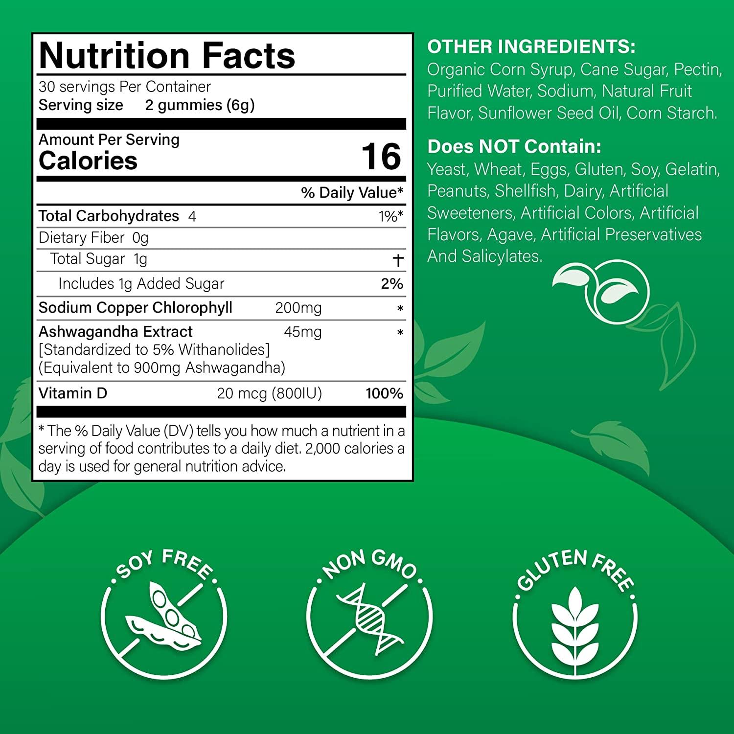 Chlorophyll Gummies, High Potency 200mg, with Organic Ashwagandha