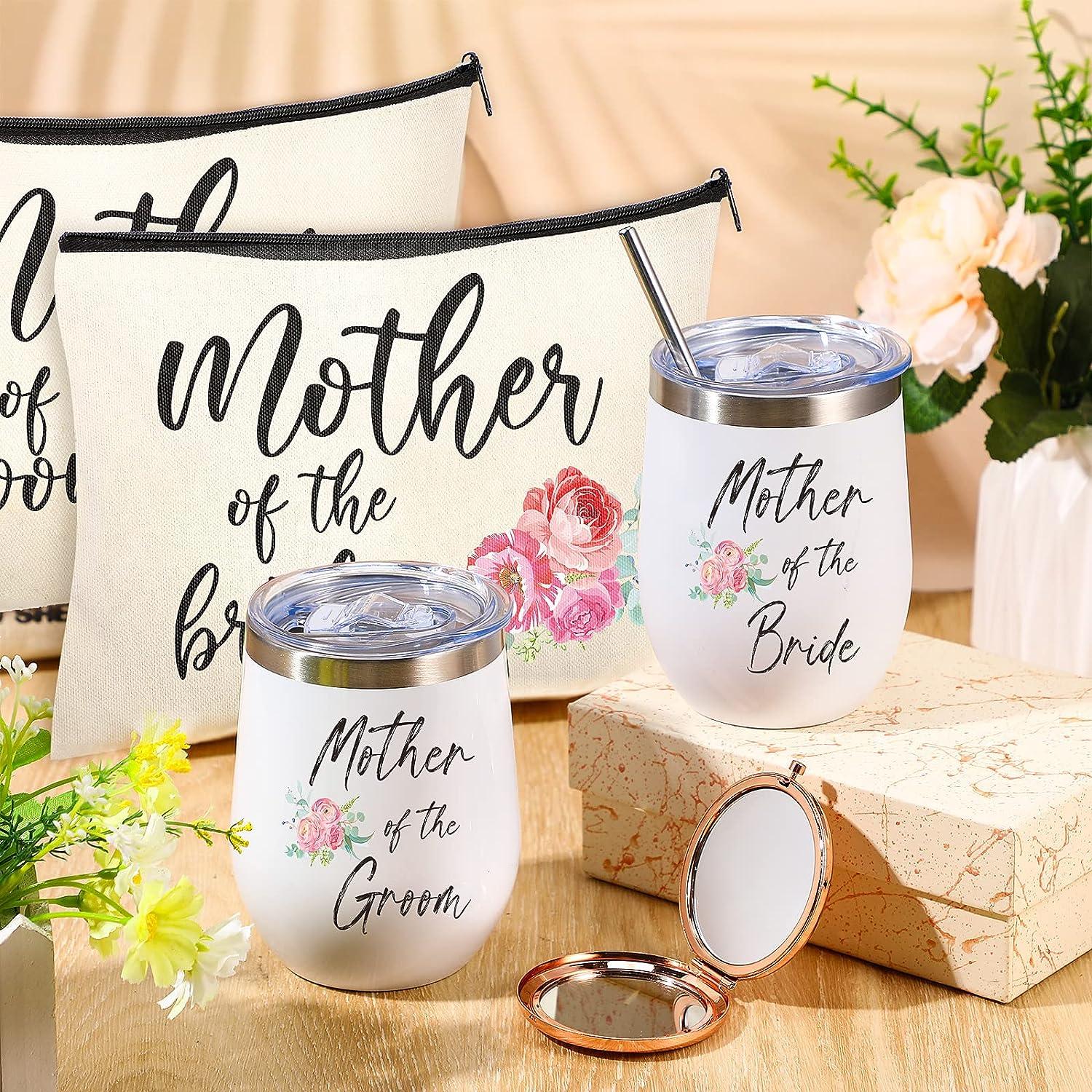 6 Pcs Wedding Gift Kit Mother of Bride and Groom Coffee Mugs 12 oz  Stainless Steel Tumblers Canvas Makeup Cosmetic Bags Rose Gold Compact  Travel Mirror for Wedding Bridal Shower Engagement Party