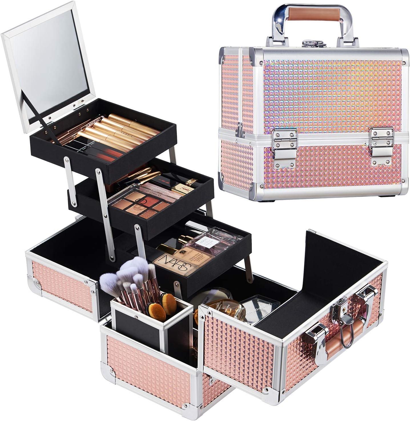 Joligrace Makeup Box Cosmetic Train Case for Women Travel Jewelry Organizer  with Compartments & Mirror Portable Lockable Make-up Trunk Shiny Style  Dazzle Gold