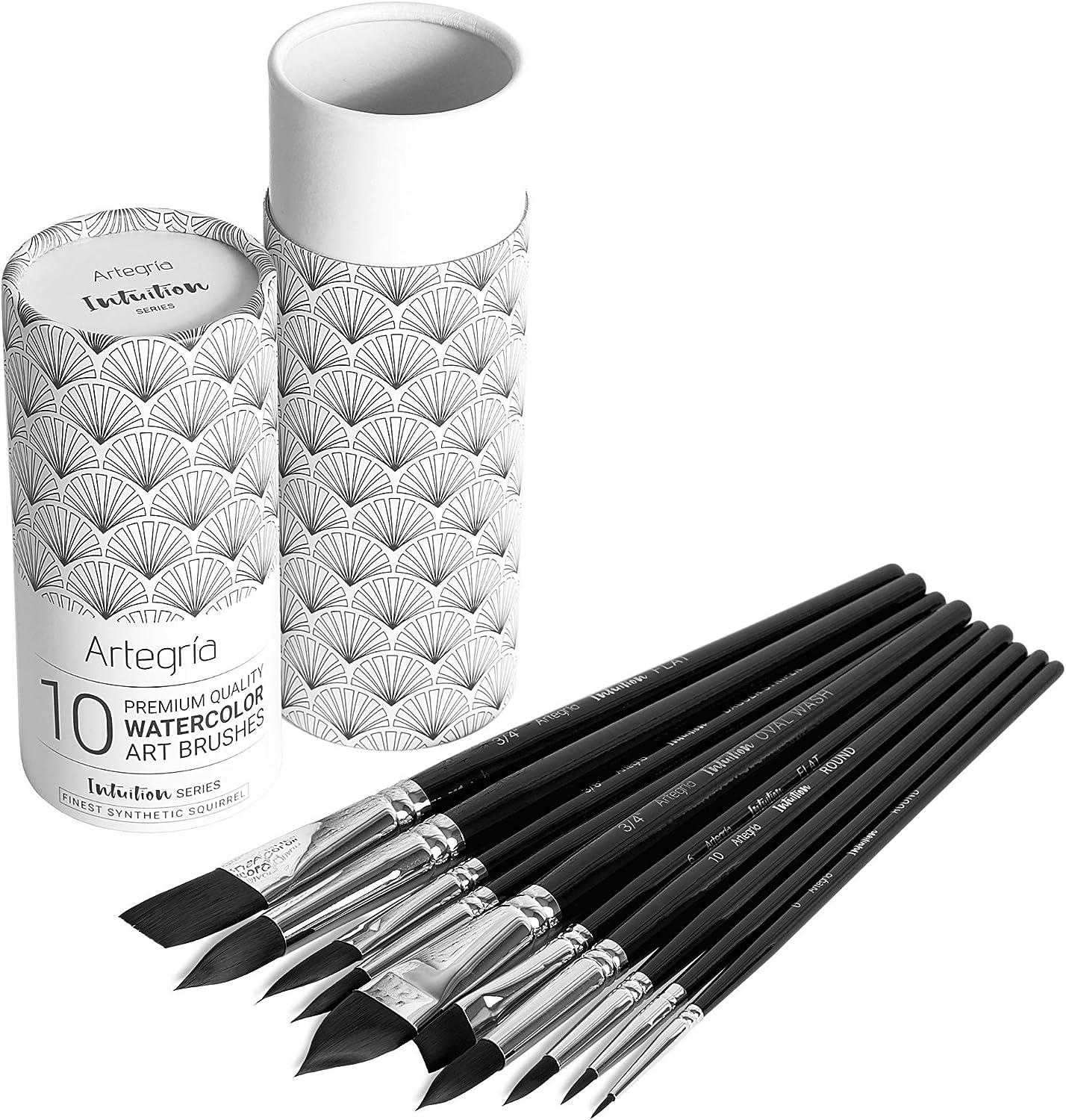 ARTEGRIA Watercolor Brush Set - 10 Professional Watercolor Paint Brushes  for Artists - Soft Synthetic Squirrel Hair Short Handles - Pointed Rounds  Flats Dagger Oval Wash for Water Color Gouache