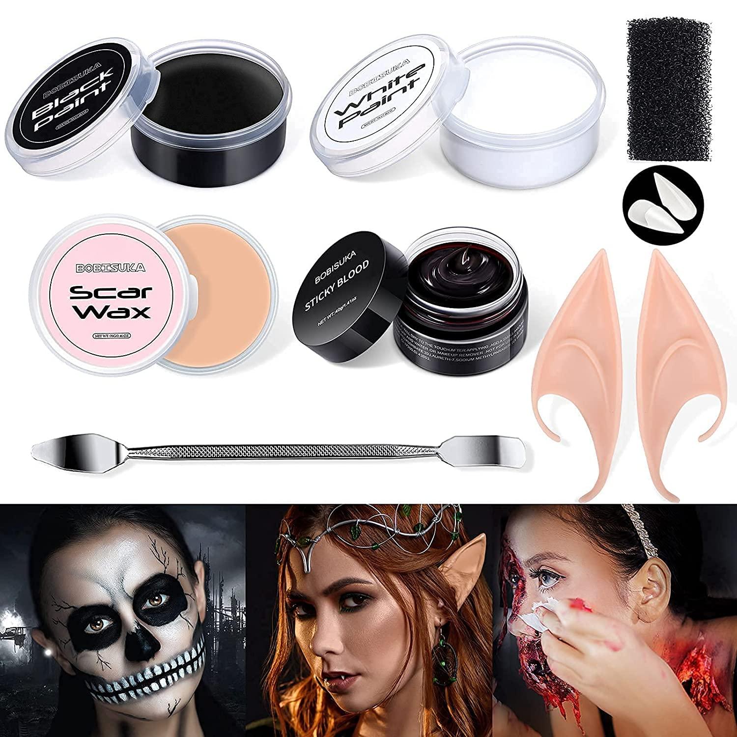 Halloween Special Effects SFX Makeup Kit,Scar Wax + Fake Blood Cream +  Castor Oil + 3Pcs Stipple Sponges + Scraper + Sticker,Vampire and Monster  Dress
