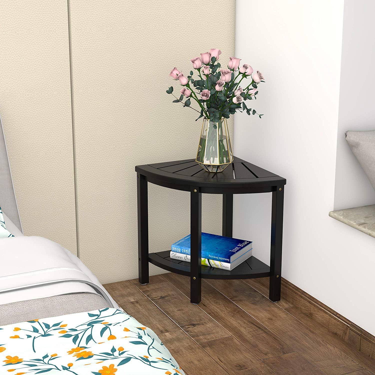 Waterproof Bamboo Corner Shower Stool Bench Black with Storage