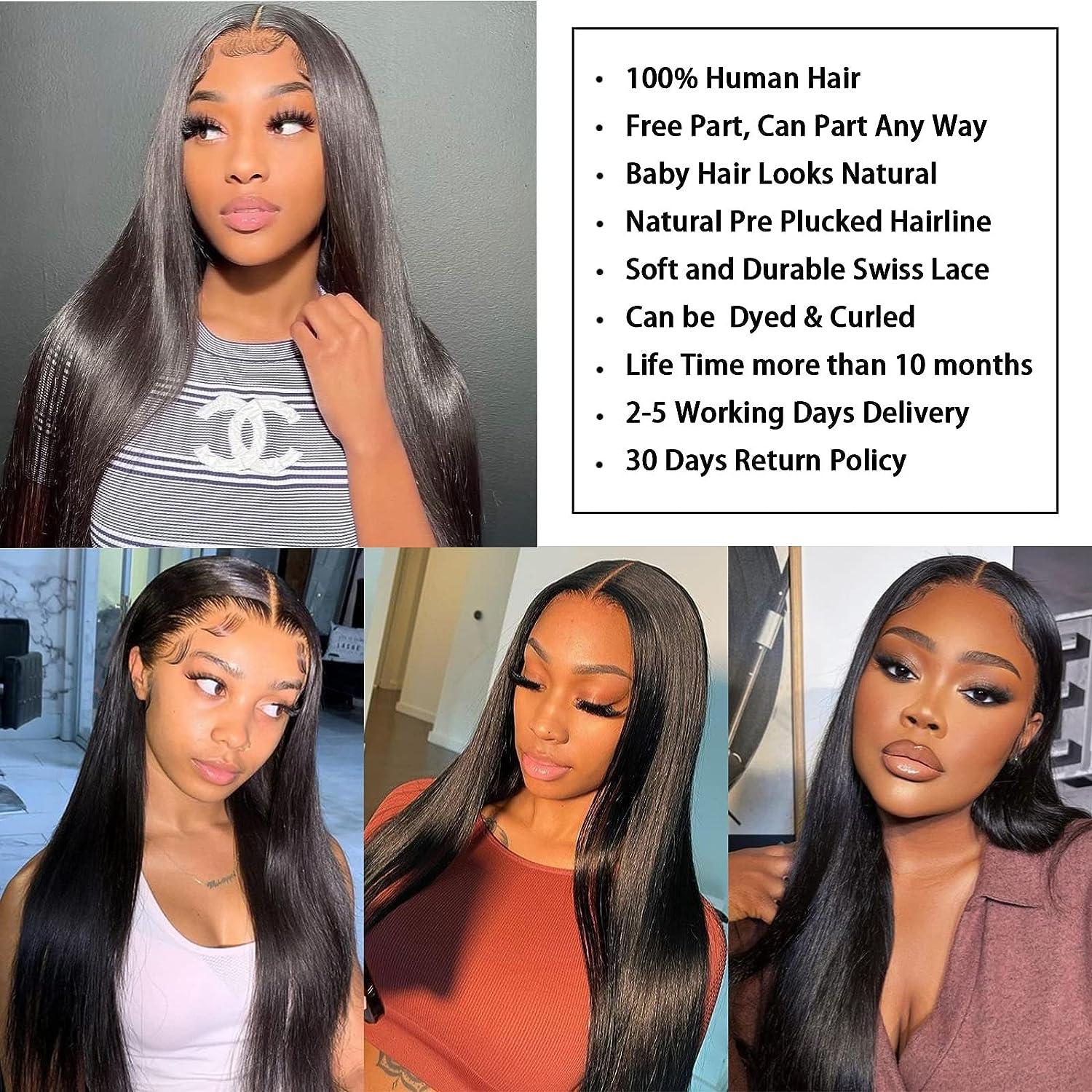 13x4 Straight Lace Front Wig Human Hair - Peruvian Straight Human Hair Lace Front Wig With Baby Hair Pre Plucked 150% Density Natural Color Straight Lace Wig Remy Human Hair