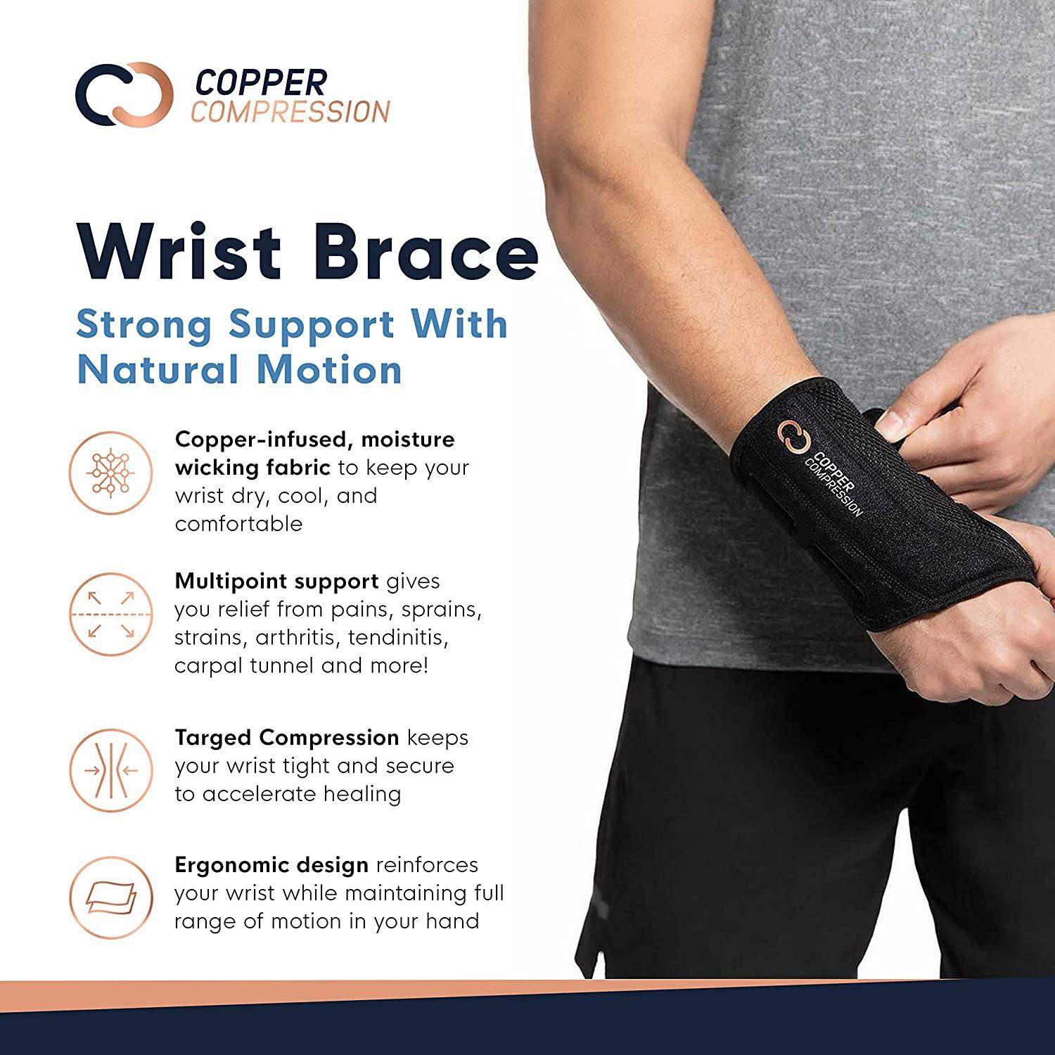 copper wrist brace  Copper Compression Recovery Wrist Brace - Copper  Infused Adjustable Support Splint for Pain, Carpal Tunnel, Arthritis,  Tendonitis, RSI, Sprain. Night Day Splint for Men Women - Fits Left Hand S-M