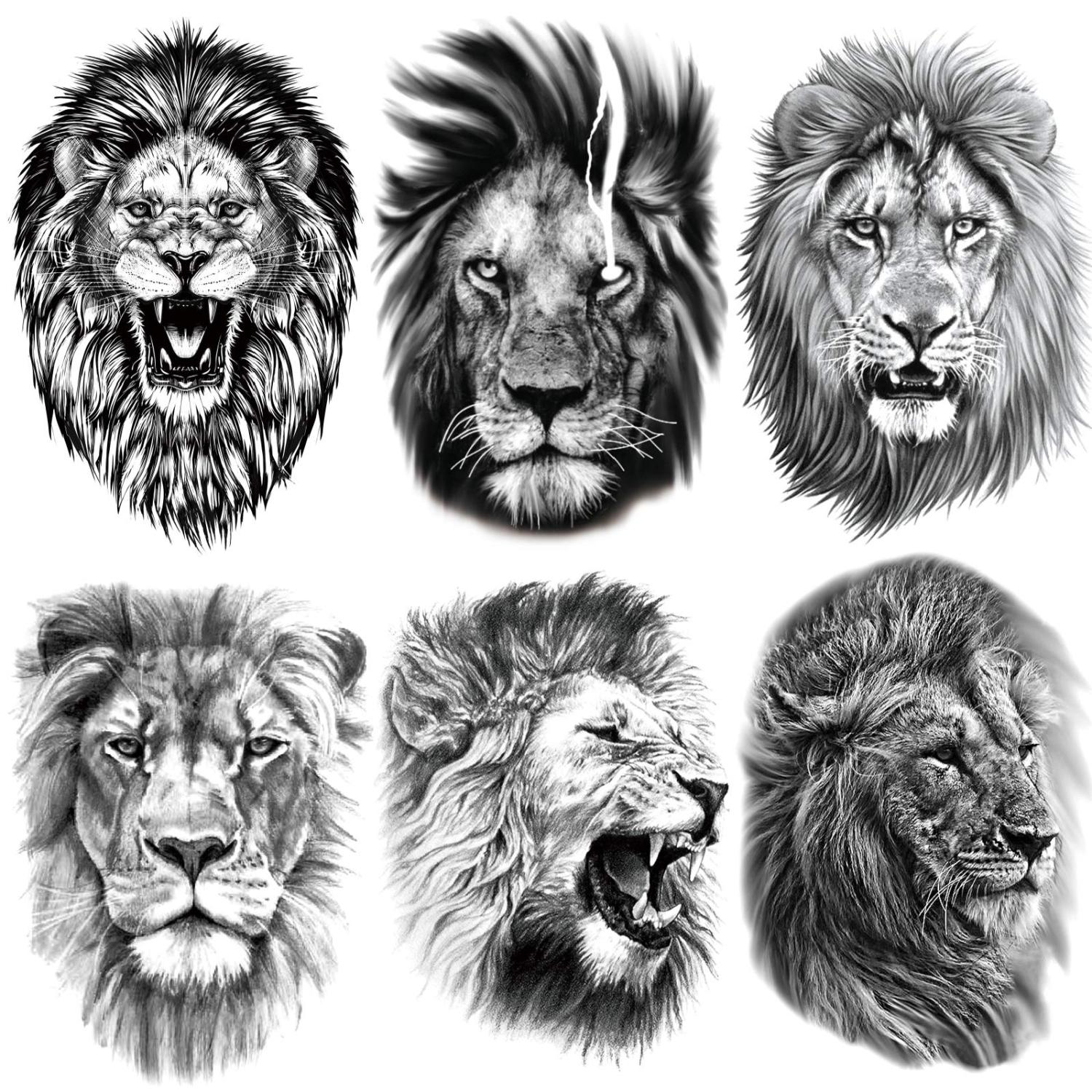 Kotbs 6 Sheets Large 3D Black Lion Face Temporary Tattoos for Men Women, Half Arm Sleeve Tattoo Stickers for Teens Adults, Waterproof Black Lion King Fake Tatoo Lions Black (6 Sheets)