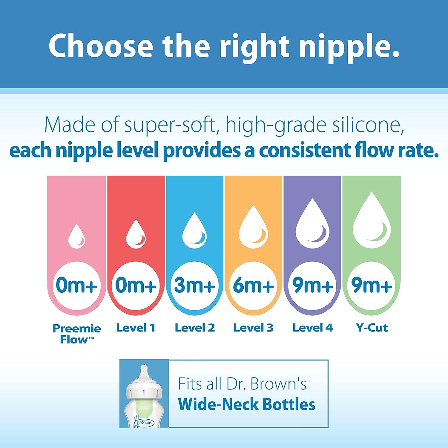 Dr. Brown's Natural Flow Level 3 Wide-Neck Baby Bottle Silicone Nipple,  Medium-Fast Flow, 6m+, 6-pack 