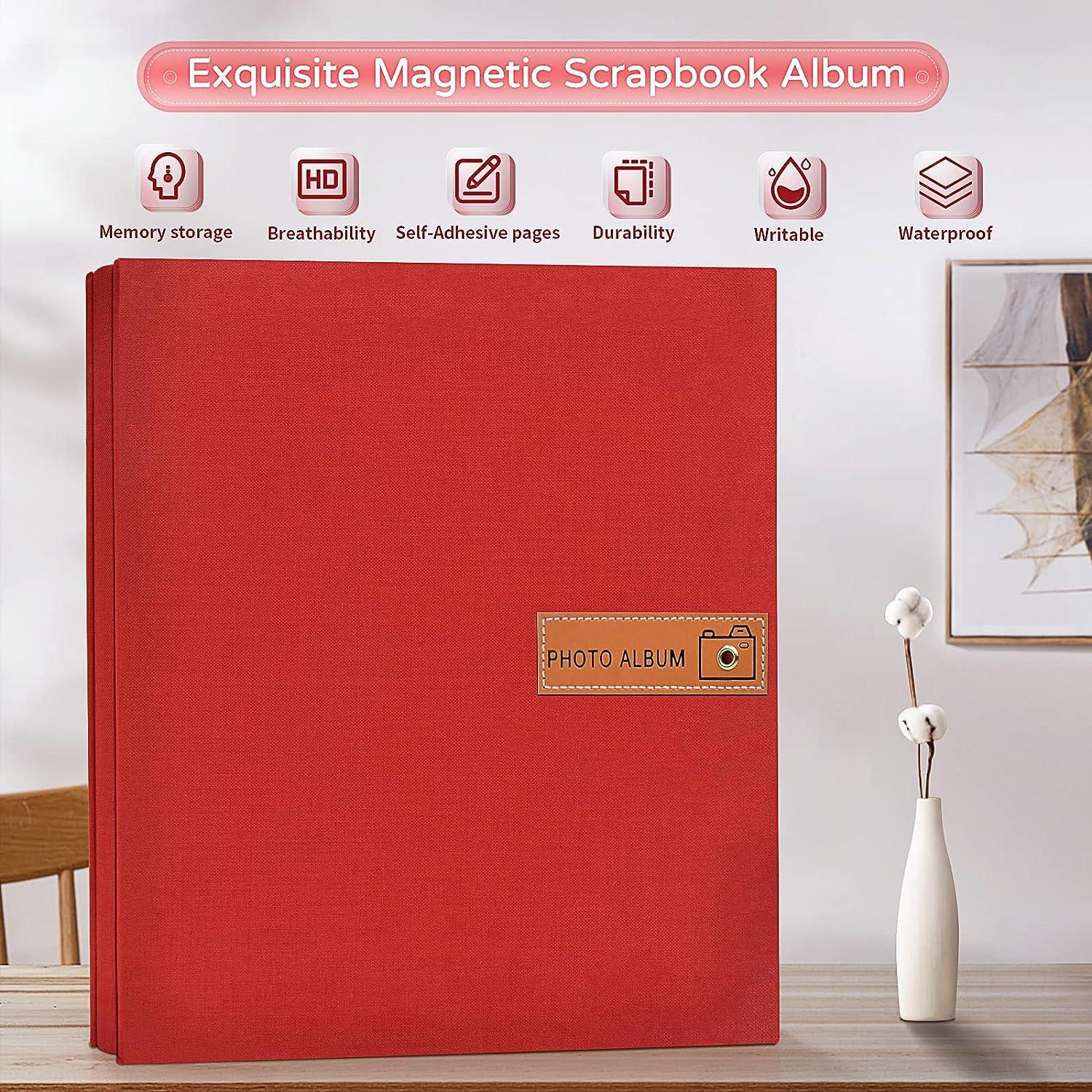 Popotop Large Photo Album Self Adhesive 4x6 5x7 8x10 Scrapbook Album DIY 60  Pages Picture Book,Gifts for Mom,Family Baby and Wedding,with Metal Pen and  Plastic Board 11.5x10.660pages Red