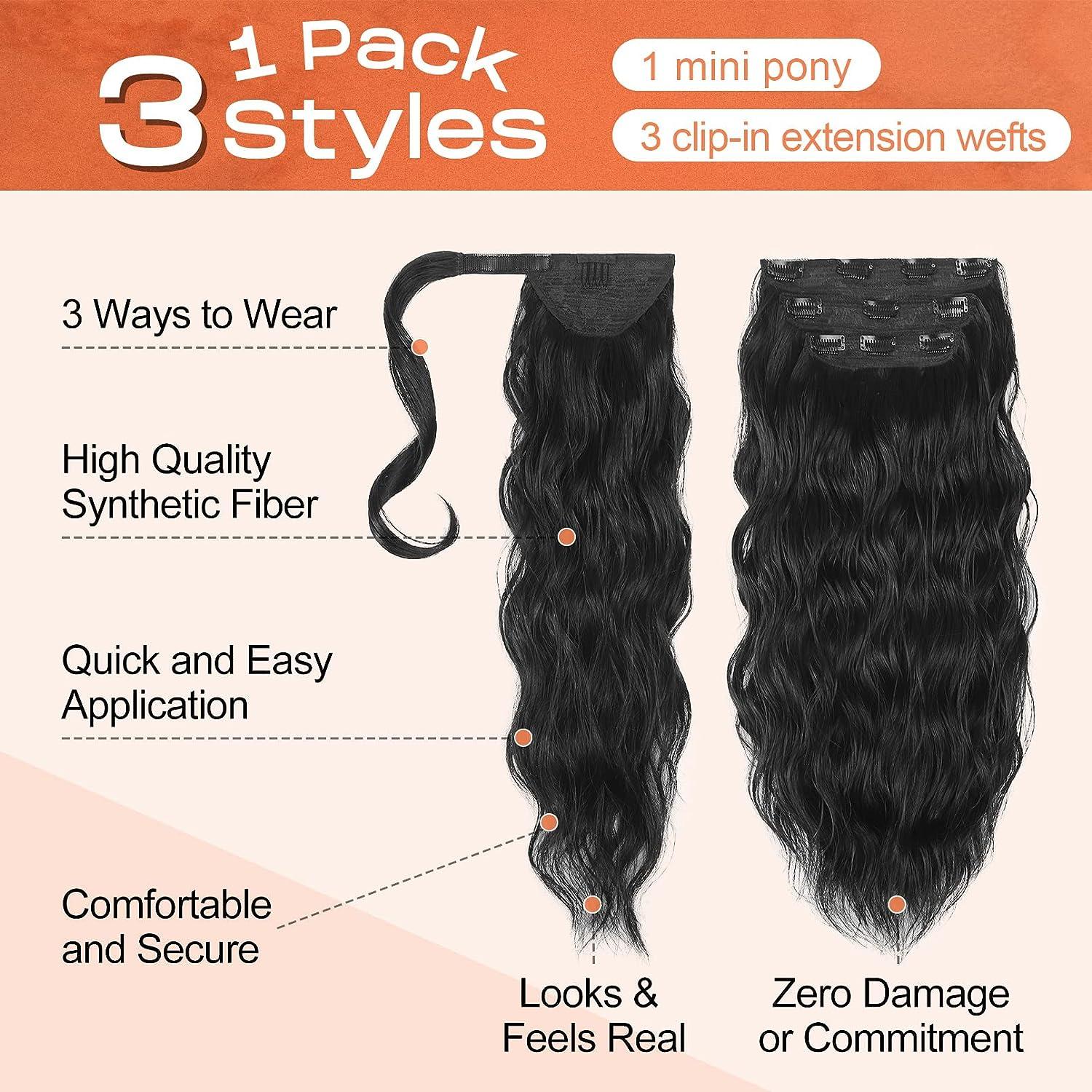 SEIKEA 18 Black Ponytail Extension Set 4PCS Long Thick Clip in on