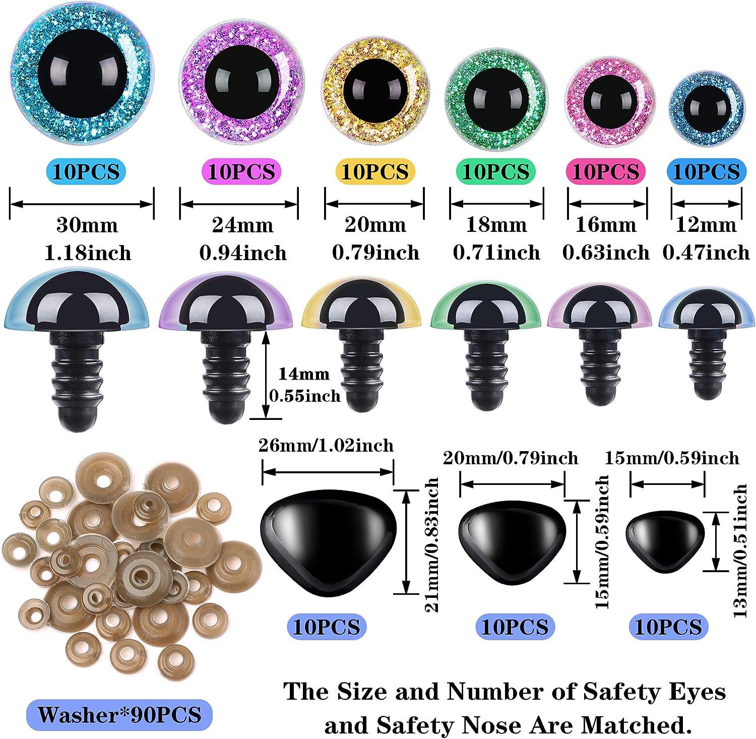 UPINS 180Pcs Safety Eyes and Noses for Amigurumi Large Plastic Craft  Crochet Eyes for Stuffed Animals DIY Puppet Bear Toy Doll Making Supplies  12-30mm Shiny