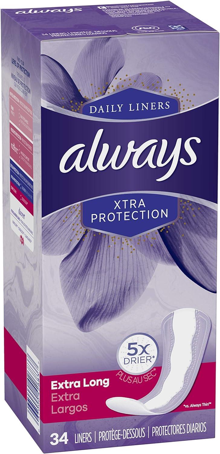 Always Anti-Bunch Xtra Protection Panty Liners For Women Light Absorbency Extra  Long Lenght Multipack Leakguard + Rapiddry Unscented 34 Count X 6 Packs  (204 Count Total)