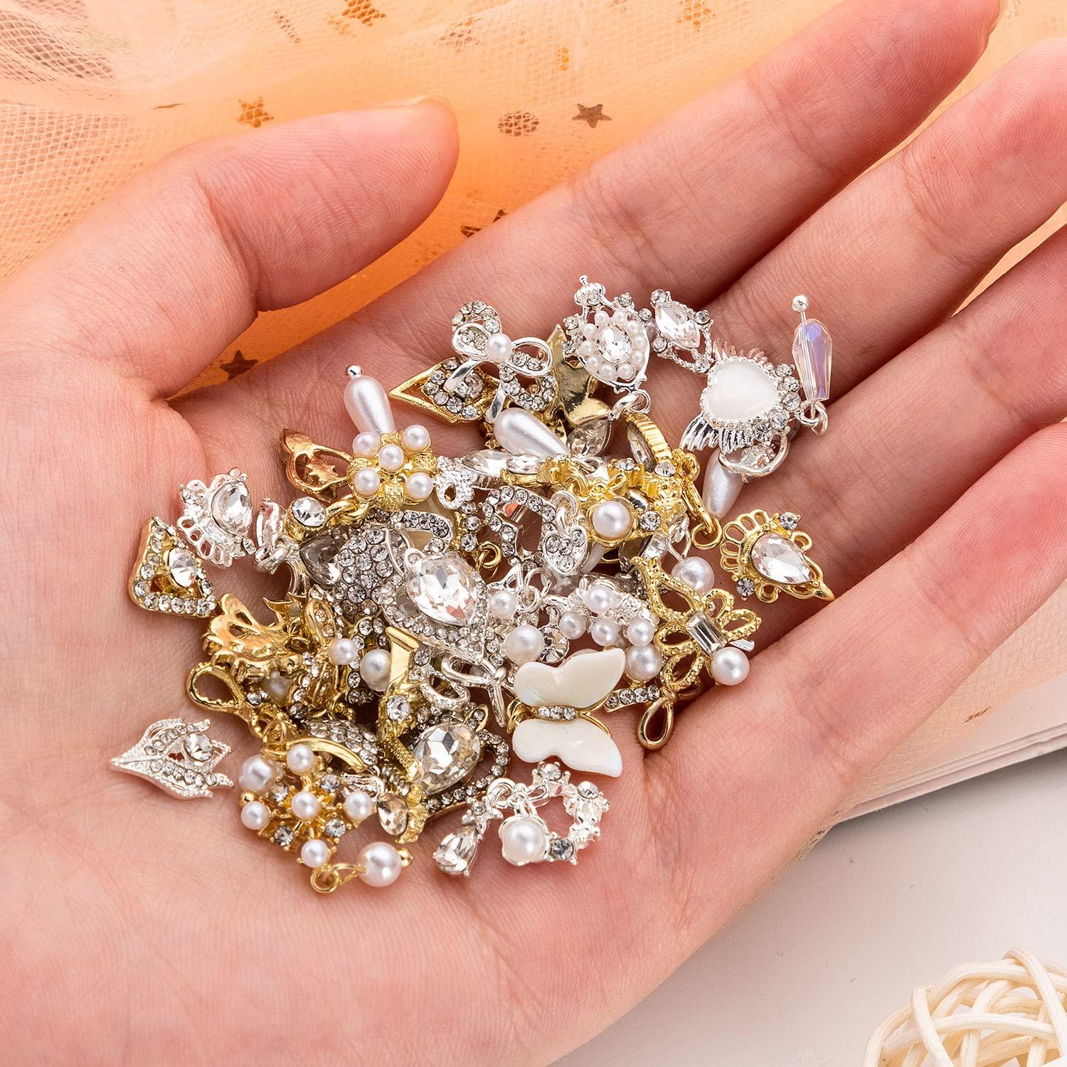 24pcs 3D Luxury Metal Alloy Gold Nail Art Rhinestones Charms Shiny Nail  Crystal Diamonds Gems Manicure Nail Flowers Jewelry Studs (Gold Kit-1)