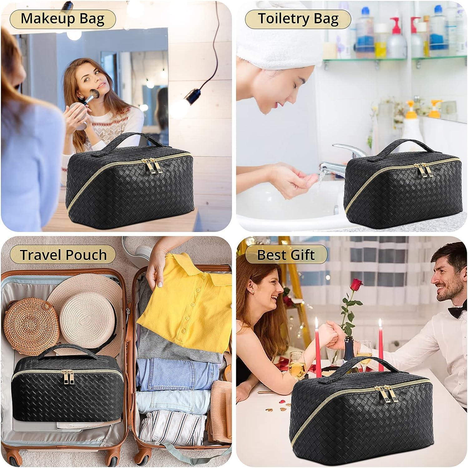 Large Capacity Travel Cosmetic Bag - Portable Makeup Bags for Women  Waterproof PU Leather Checkered Makeup Organizer