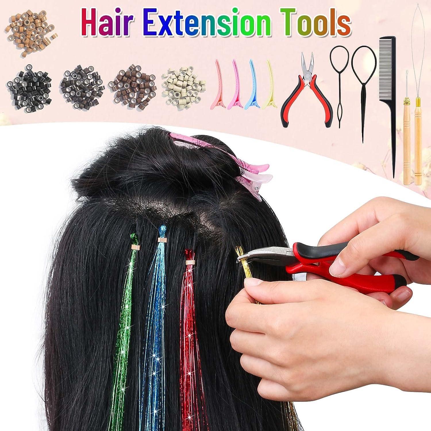 Hair Tinsel kit - 16 Colors Hair Tinsel Extensions with Microlinks Tools,  Fairy Hair tensile Glitter Hair Extension Accessories for Women Girl  Cosplay