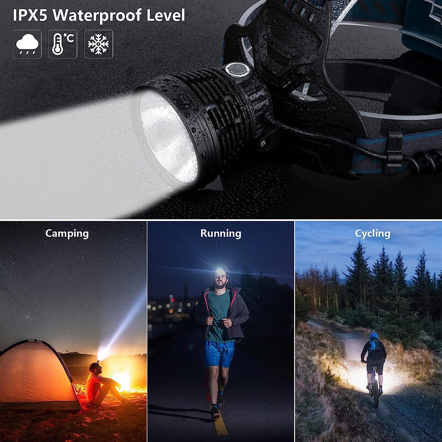 LED Rechargeable Headlamps for Adults, 90000 Lumen Super Bright Headlamp  Flashlight 90Adjustable 4 Modes IPX5 Waterproof USB Rechargeable Head Lamp  for Camping Running Hunting Cycling Climbing Hiking Black