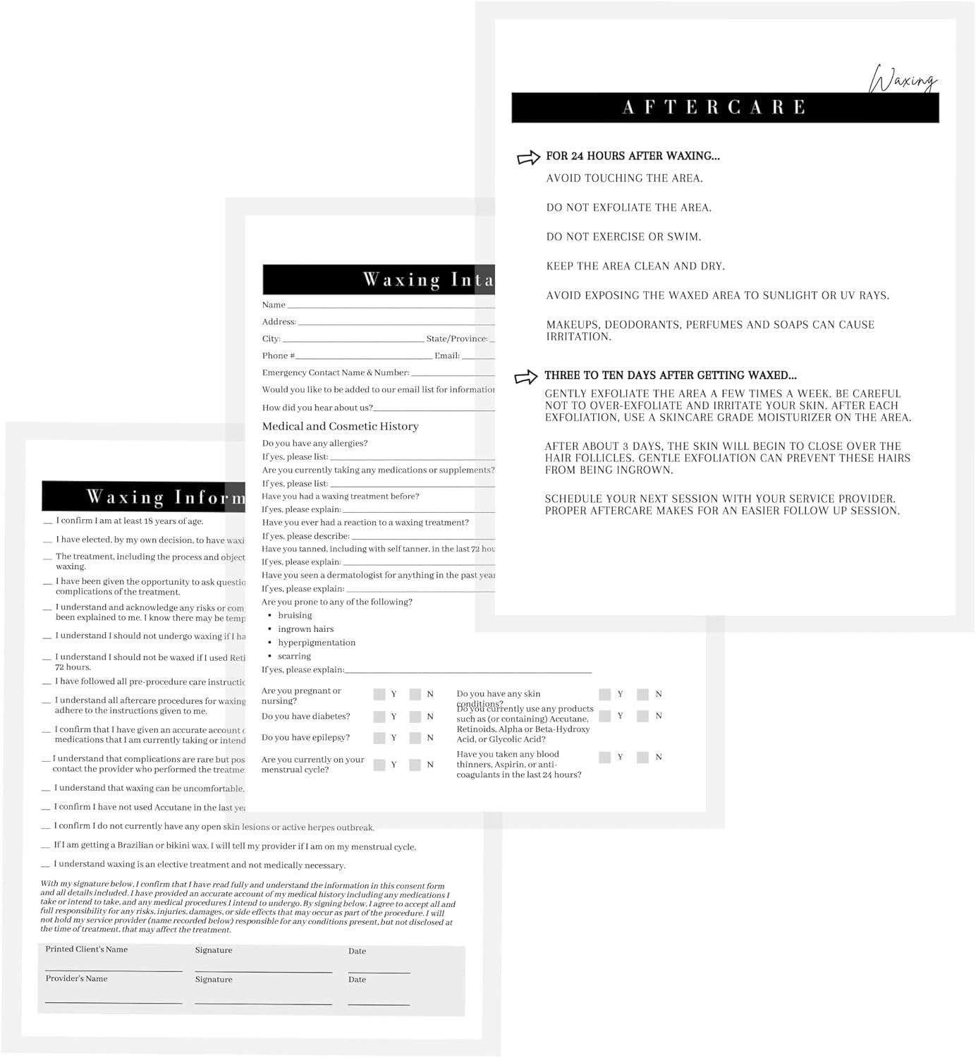 Waxing Business Forms Bundle (75 Sheets) - Intake, Consent & Aftercare For Estheticians