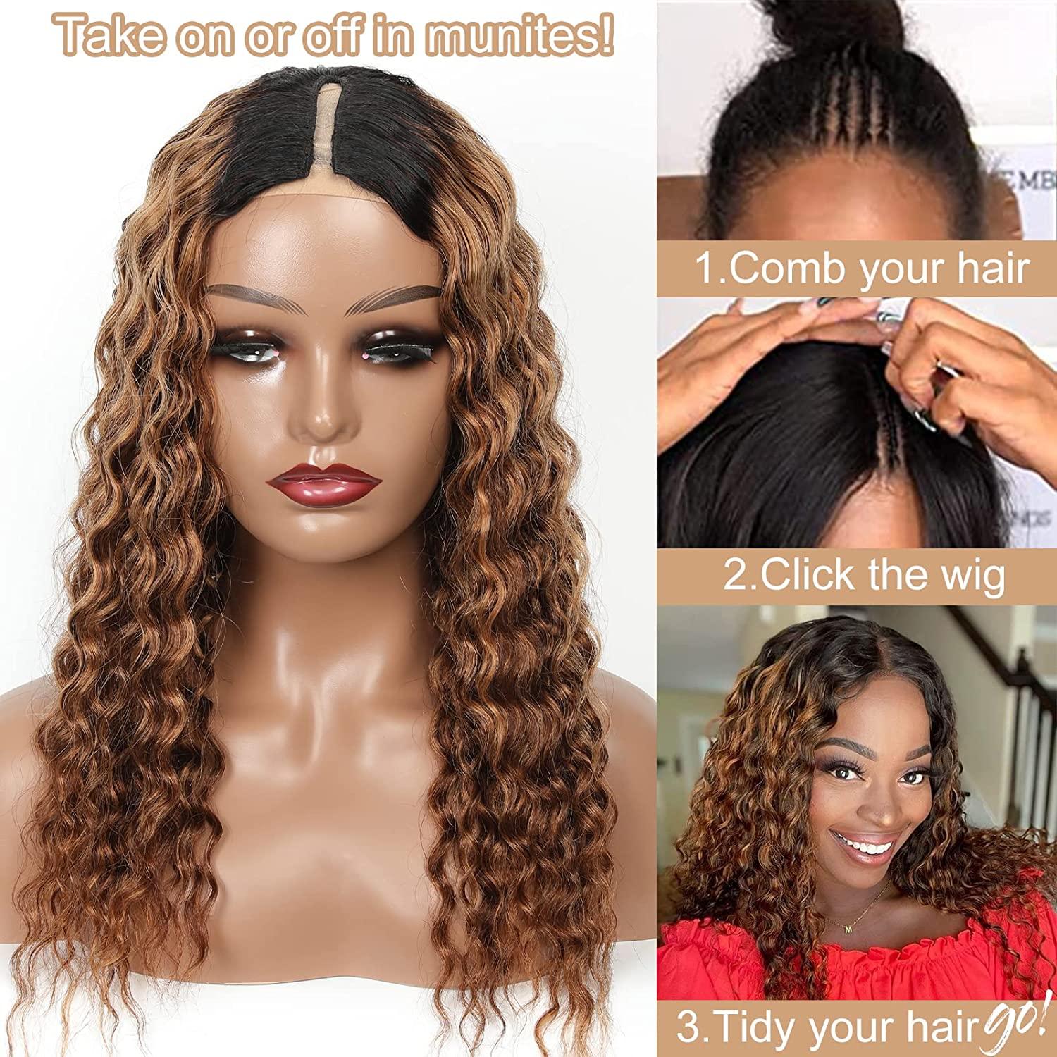 Honey Blonde V Part Wig Human Hair Highlight With Shadow Roots No Leave Out  Deep Wave Upgrade U Part 100% Human Hair Wig No Glue No Lace 4/27 Curly  Ombre Glueless Human