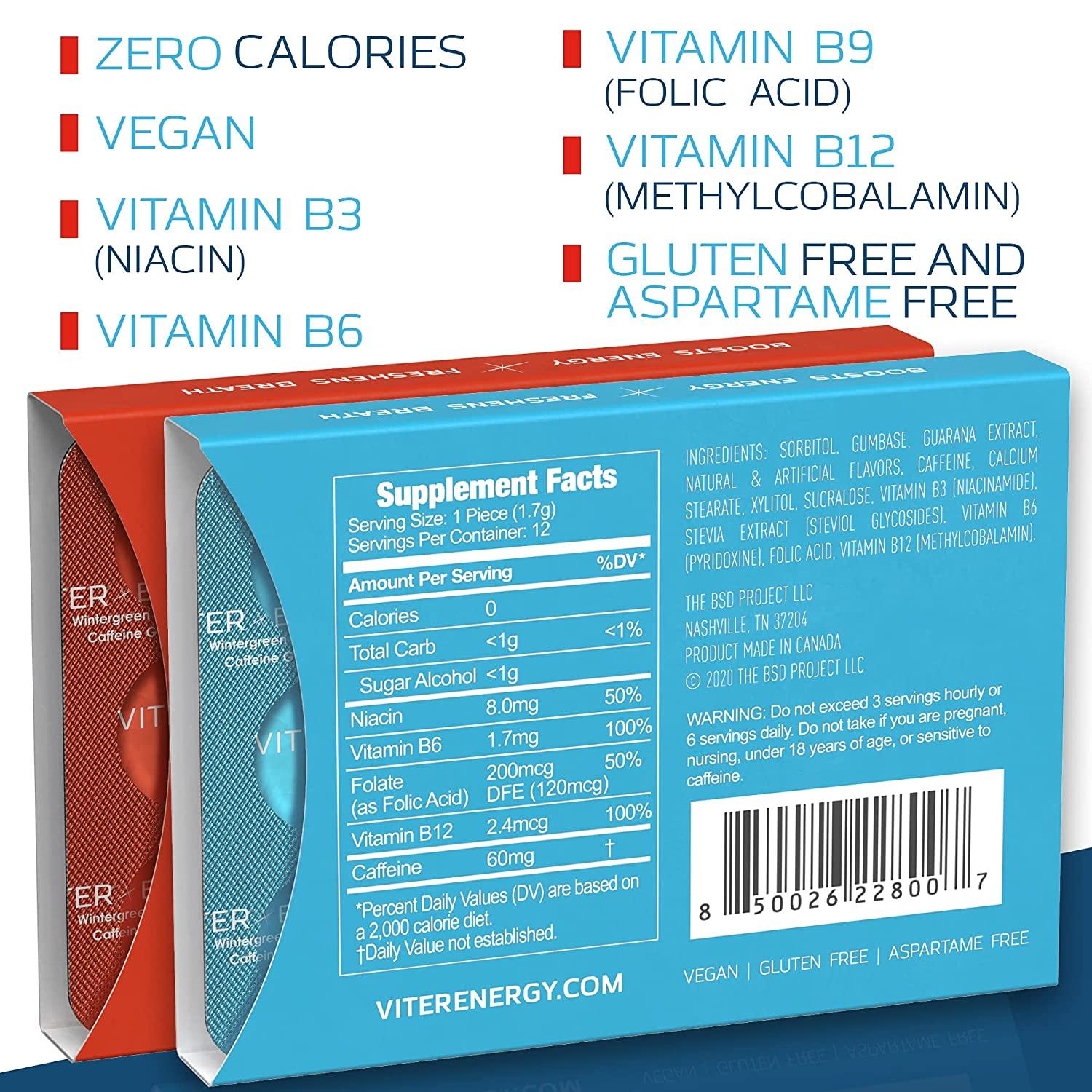 Viter Energy Caffeinated Gum 2 Flavor Variety Pack. 60mg Caffeine, B