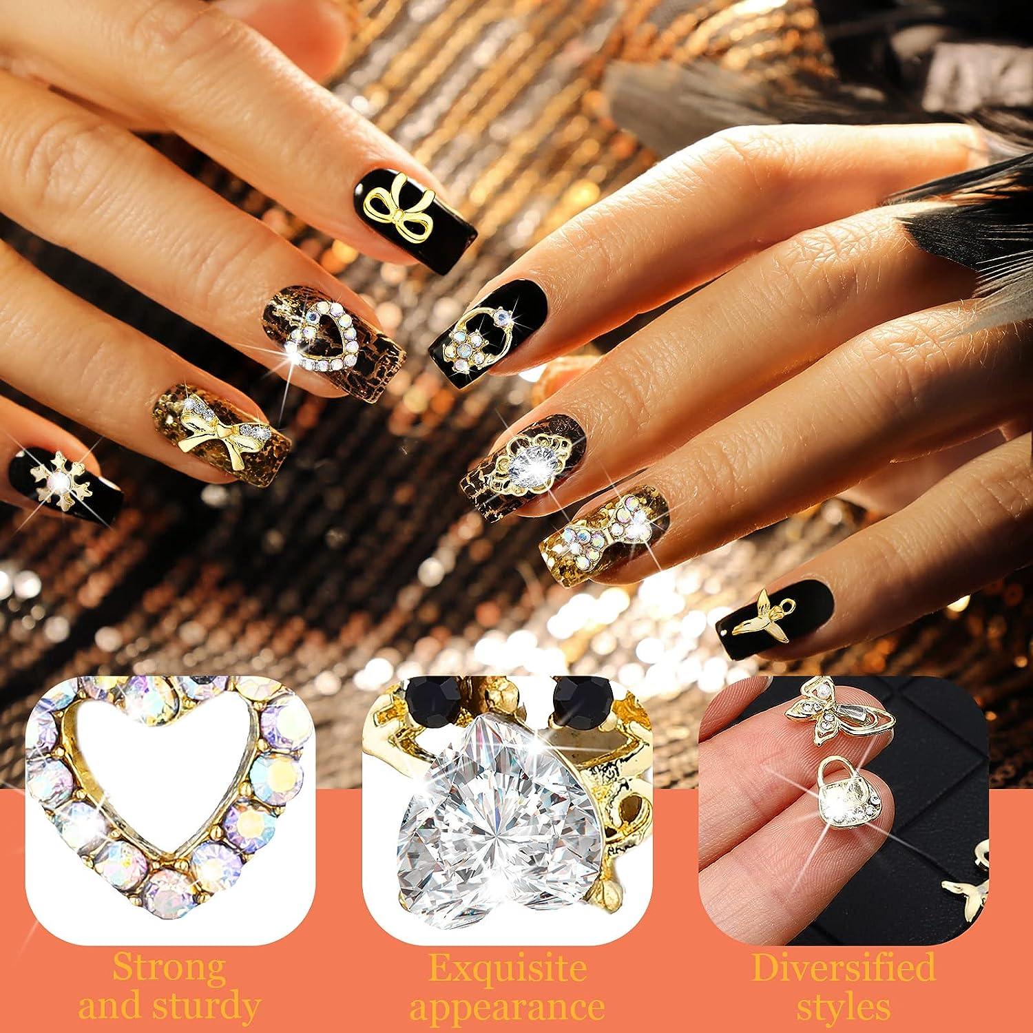 100 Pcs Gold Nail Charms for Acrylic Nails Gold Nail Rhinestones 3D Nail  Charms Heart Nail Gems Luxury Decor Diamonds for Nail Art Shiny Nail Stones  Beauty Nail Design Crystals for DIY