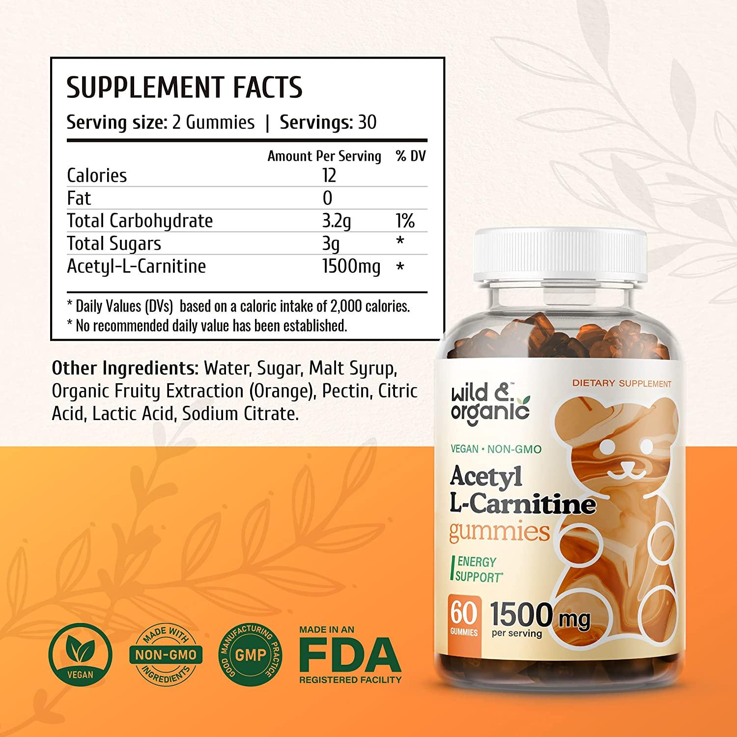 Wild Organic Acetyl LCarnitine Gummies 1500mg ALCAR for Energy, Metabolism & Immune Support