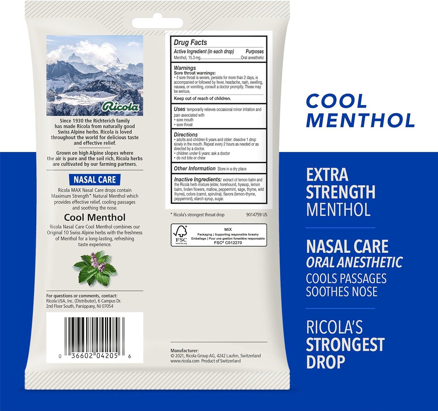 Ricola Max Cool Menthol Nasal Care Large Bag Cough Suppressant Drops Dual Action Liquid