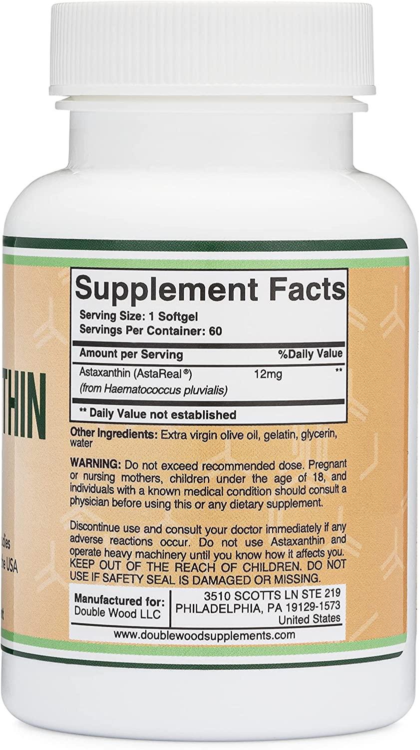 Astaxanthin 12mg Max Strength (AstaReal: Natural Patented Astaxanthin with  70+ Human Clinical Trials - World's Most Studied Brand) Grown, Harvested,  and Made in The USA by Double Wood Supplements