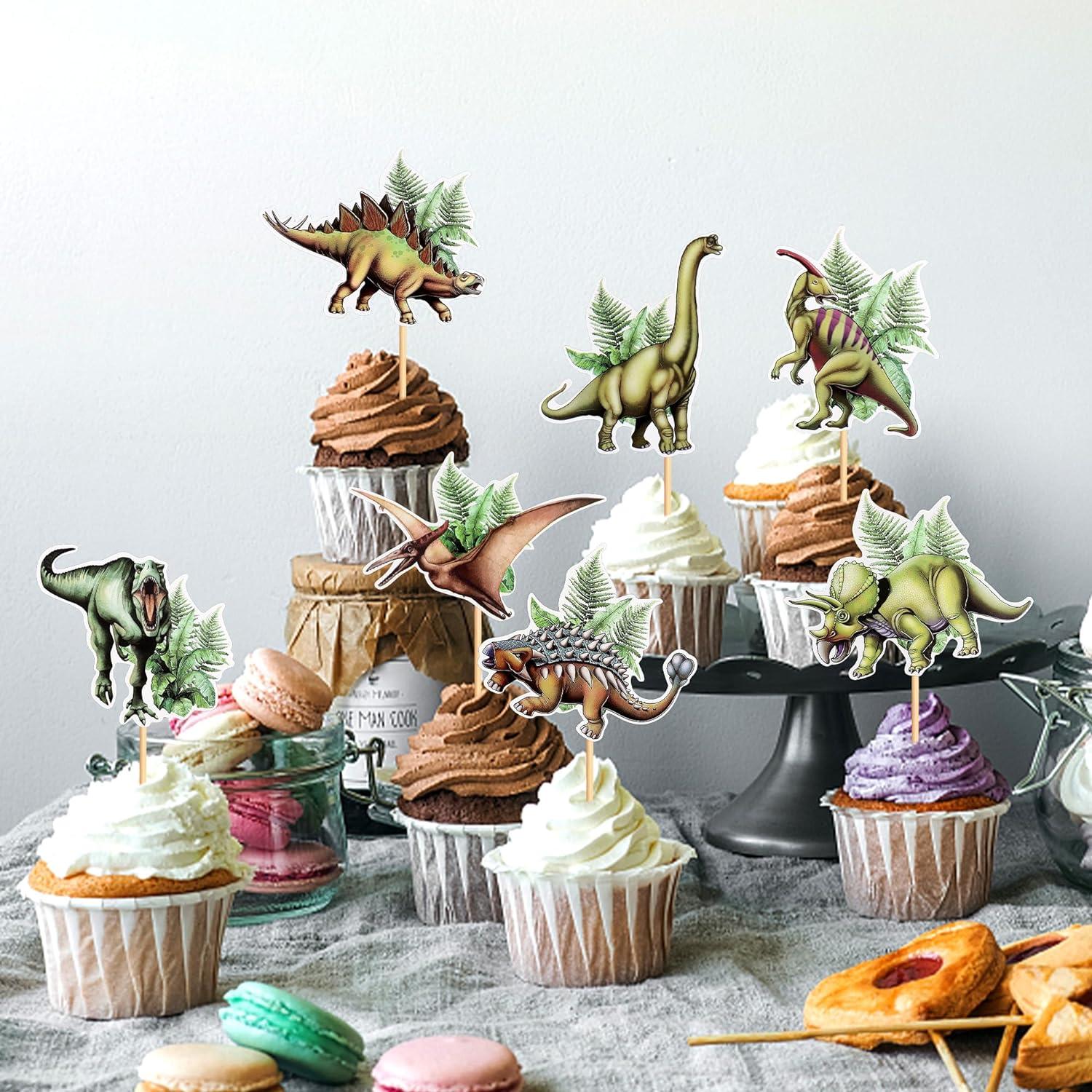 Gyufise 24 Topper Per Cupcake A Forma Di Dinosauro Glitterati | Tema T-Rex, Verde, 5x11cm | Decorazioni Per Compleanno Bambini, Baby Shower