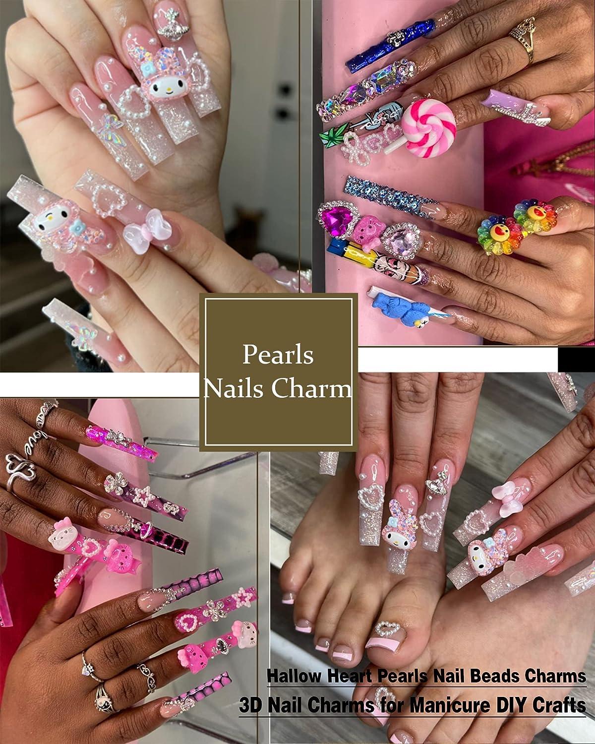 500Pcs Pink Pearls Heart Nail Charms Mixed Styles Flatback Heart Bowknots  Star Cute Assorted Pink Pearls Heart Beads 3D Nail Art Charms Material