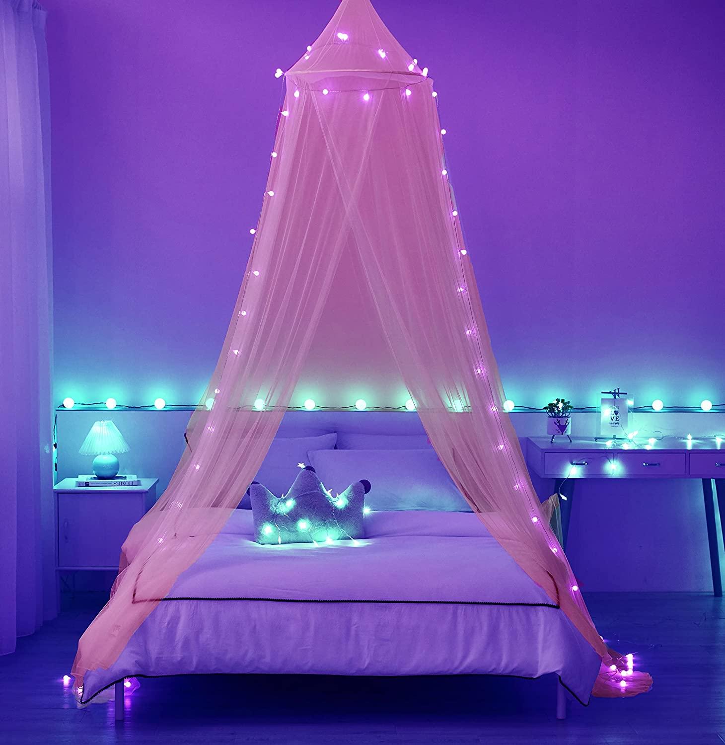 Akiky Bed Canopy for Girls with Lights,Canopy for Girls Room Twin Full Queen King Size Bed