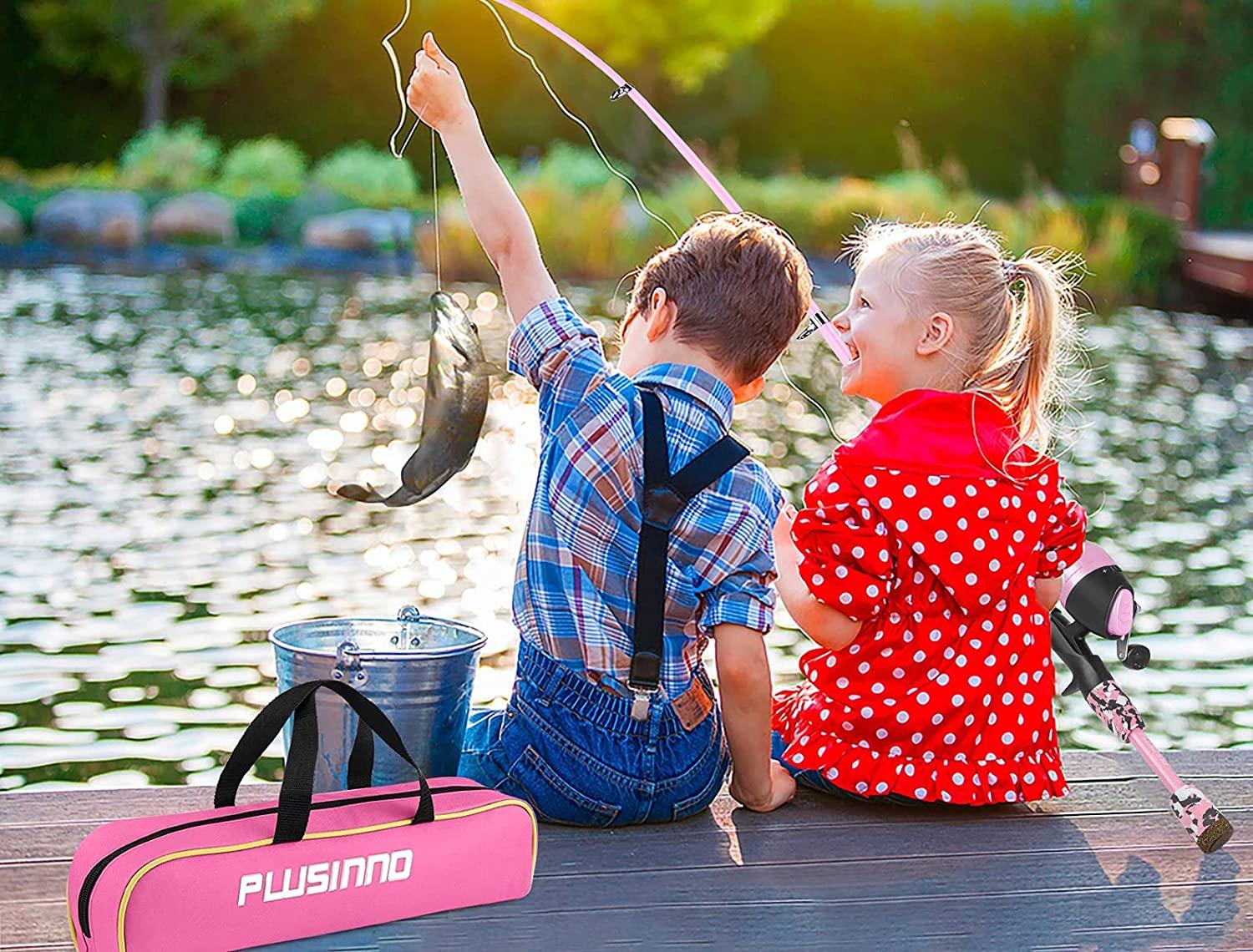 PLUSINNO Kids Fishing Pole with Spincast Reel Telescopic Fishing Rod Combo  Full Kits for Boys, Girls, and Adults Pink 120cm 47.24In