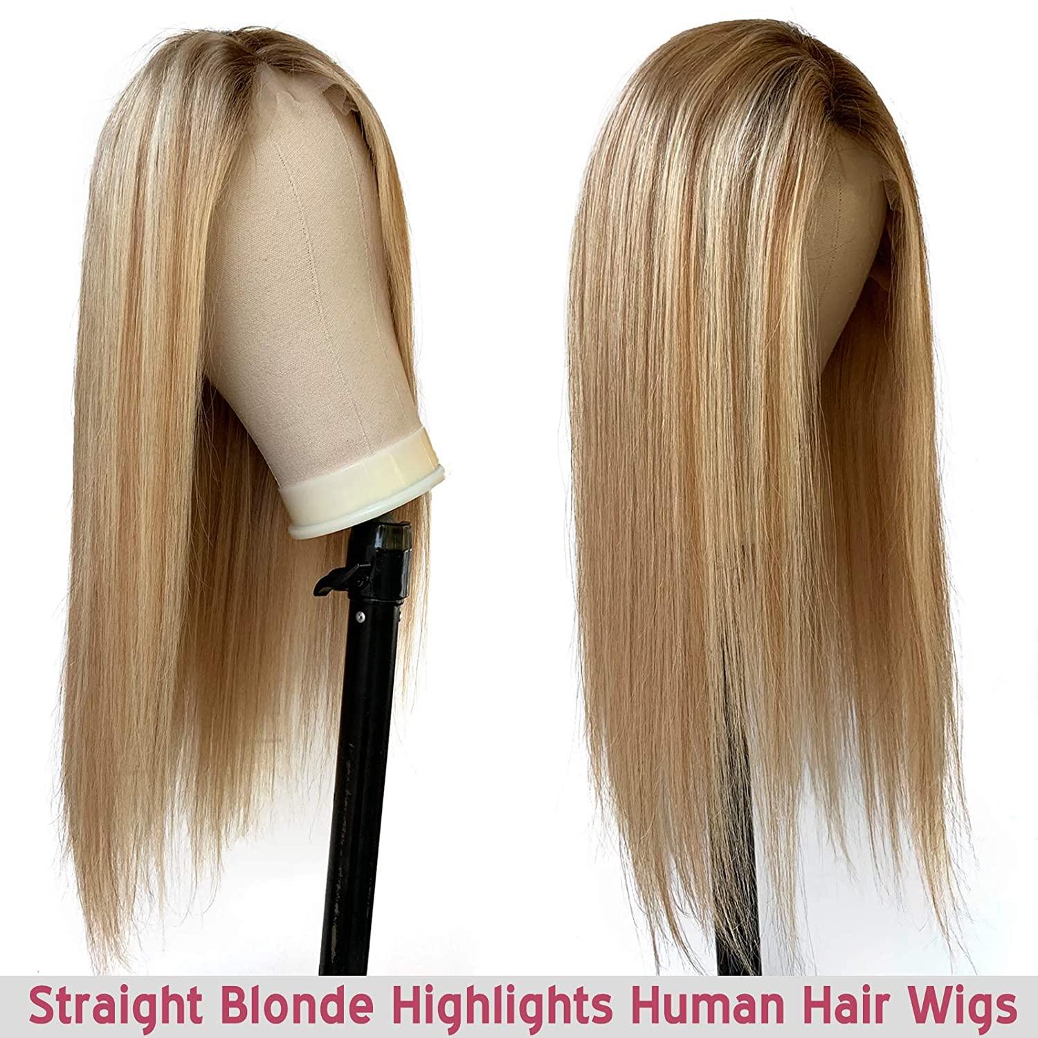 Blonde Balayage Wig Lace Front Real Human Hair Wigs for White Women Brown  with Highlights 13x1 Pre Plucked Long Straight Brown to Blonde Highlighted Lace  Wigs 20 Inch 150% Density 20 Inch (