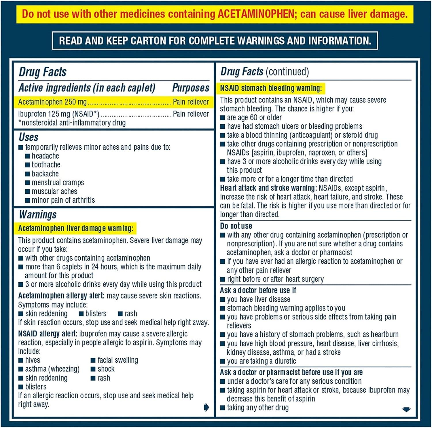 Advil Dual Action Coated Caplets with Acetaminophen, 250 Mg Ibuprofen